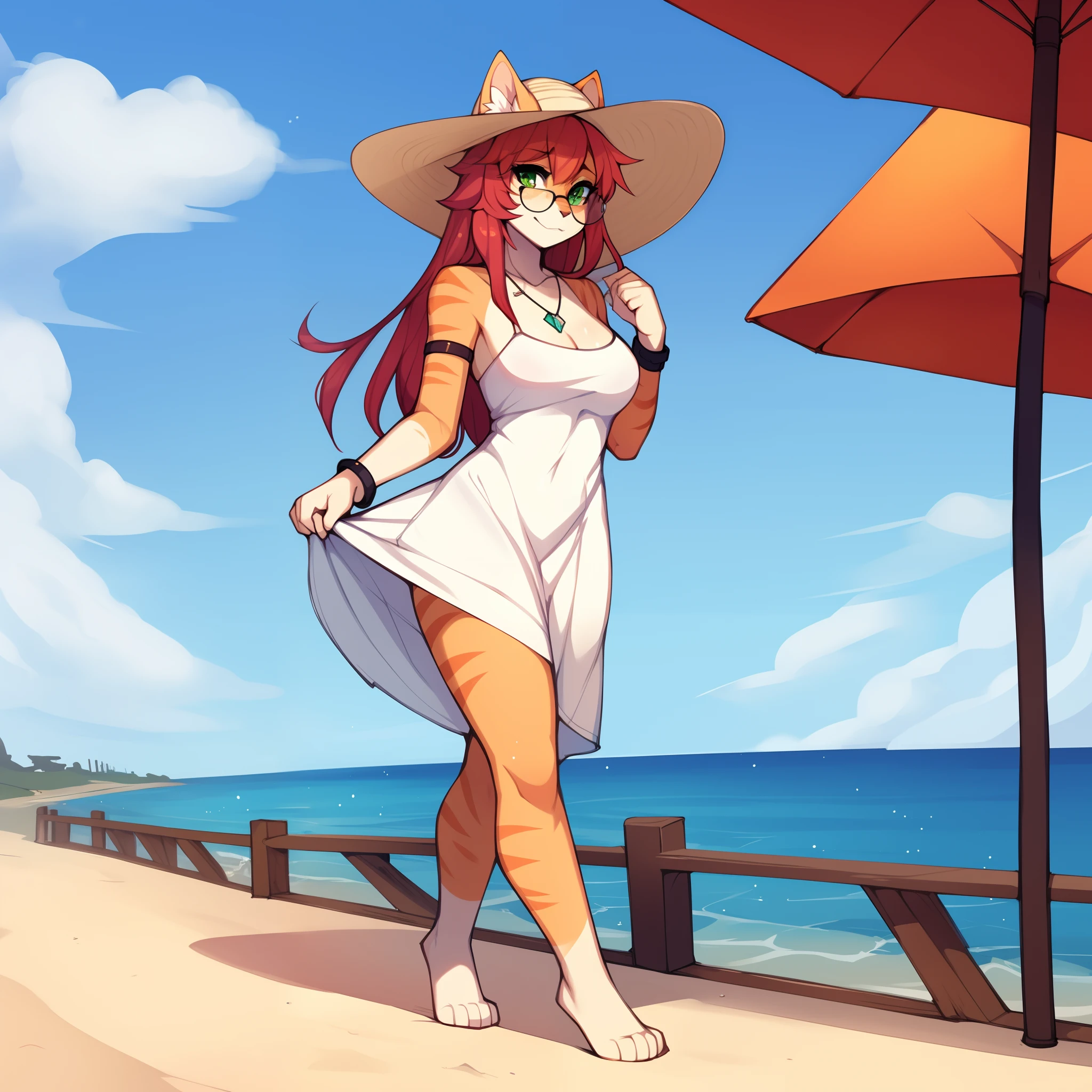 Solo:1.3, By claweddrip, by hyattlen, by fumiko, a cute female orange tabby cat, long hair, ruby hair, green eyes, long white whiskers, cute orange tabby cat ears, orange tabby cat tail, tall, slender, wearing white sundress, tan sun hat, large round clear glasses, walking on a boardwalk at the beach, barefoot, necklace, bracelets, high quality, paws, 4 toes
