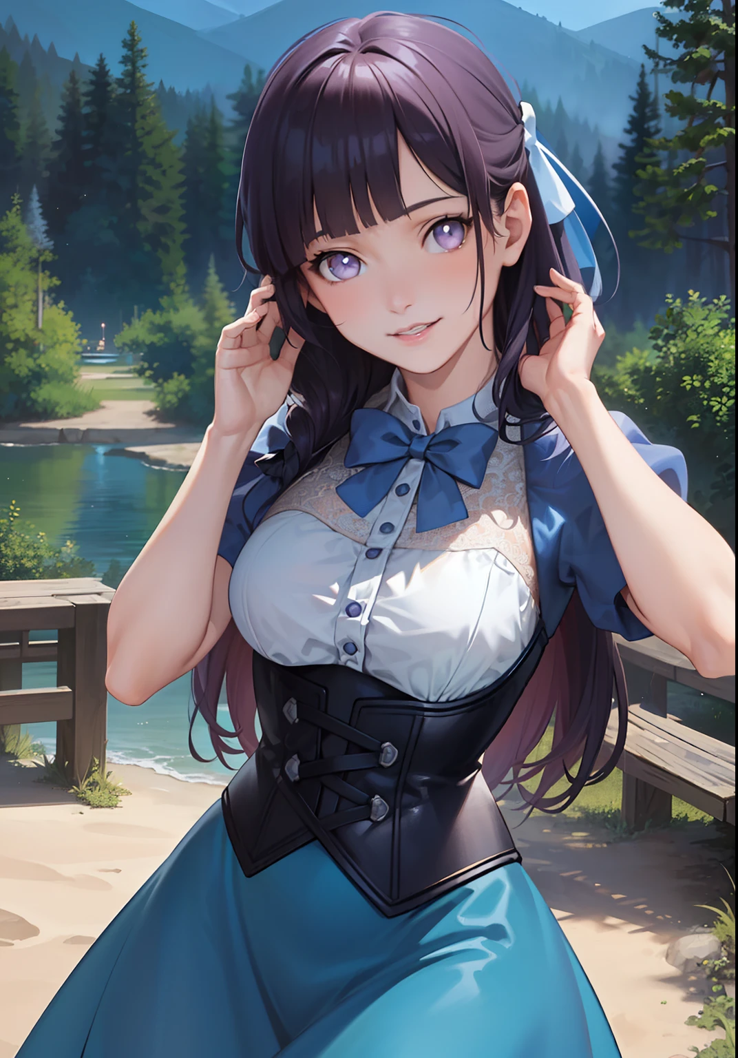 Photorealistic,photography, (ArielWaifu:1), smile, cute, beautiful pose, looking at the viewer, thick thighs, (blue dress, hair bow, corset), walking, from below, 
(realistic: 1.2), (realism), (masterpiece: 1.2), (best quality), (ultra detailed), (8k, 4k, intricate), (full-body-shot: 1), (Cowboy-shot: 1.2), (85mm), light particles, lighting, (highly detailed: 1.2), (detailed face: 1.2), (gradients), sfw, colorful, (detailed eyes: 1.2),
(detailed landscape, night, lake, magic forest, plants: 1.2), (detailed background), detailed landscape, (dynamic angle: 1.2), (dynamic pose: 1.2), (rule of third_composition:1.3), (line of action: 1.2), wide shot, daylight, soil, Blunt Bangs, purple eyes, long dark blue hair