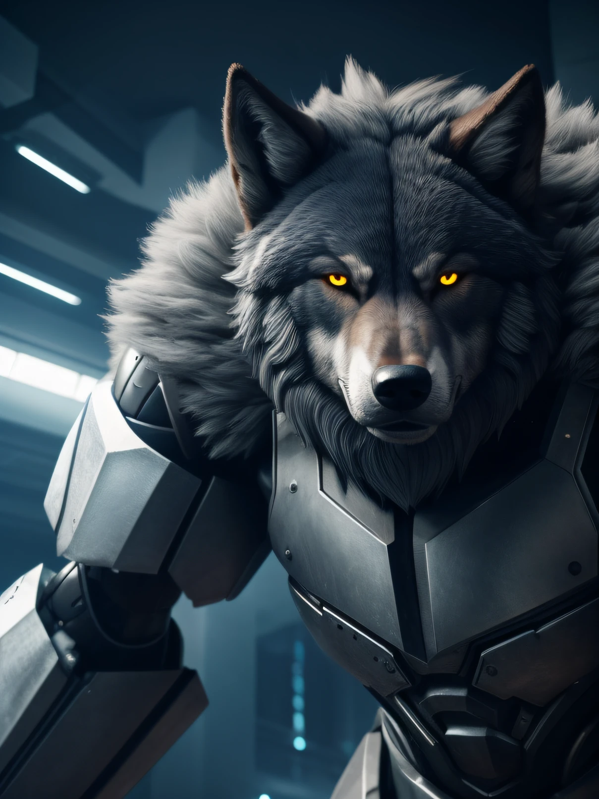 Create a giant half-human wolf in robot armor, close-up body complete. Lobo macho. 8k, fundo com as de Nova Iorque