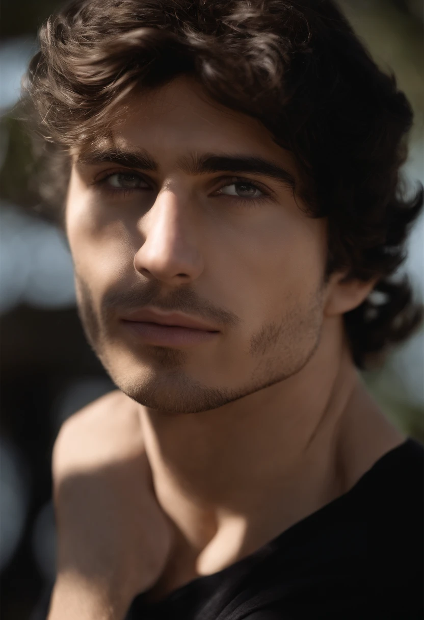Fotografia do rosto de um homem sorrindo, usa uma blusa preta, busto muito pesado, cabelo curto, look-at-camera, symmetric eyes, simetrical face, fotorrealista, Cineasta, Rastreamento de rotas, specular illumination, Volumetric light for the face, Path traced by the hair, visible shadows, intrincado, elaborar, Hiper realista