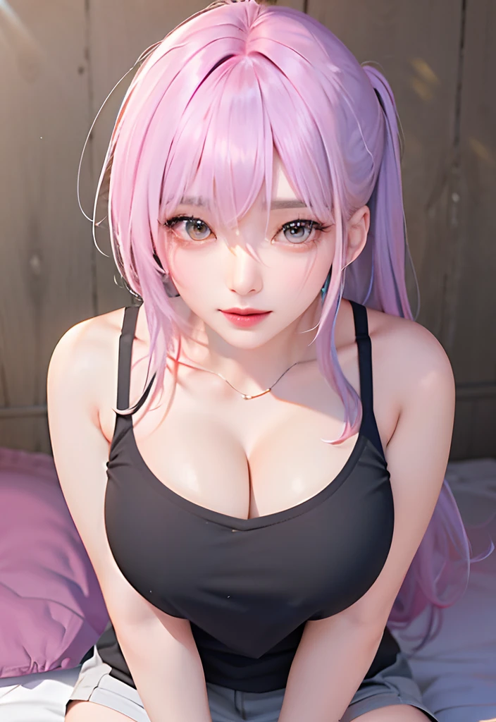 Pink Princess, (Pink-Blue hair), ((big hair)), double eyelid, ((skinny body)), cute expression, perfect skin, (fluffy), sky blue eyes, (cute expression), (NSFW:1.5), very Large breast, (bent over to viewer), on all fours