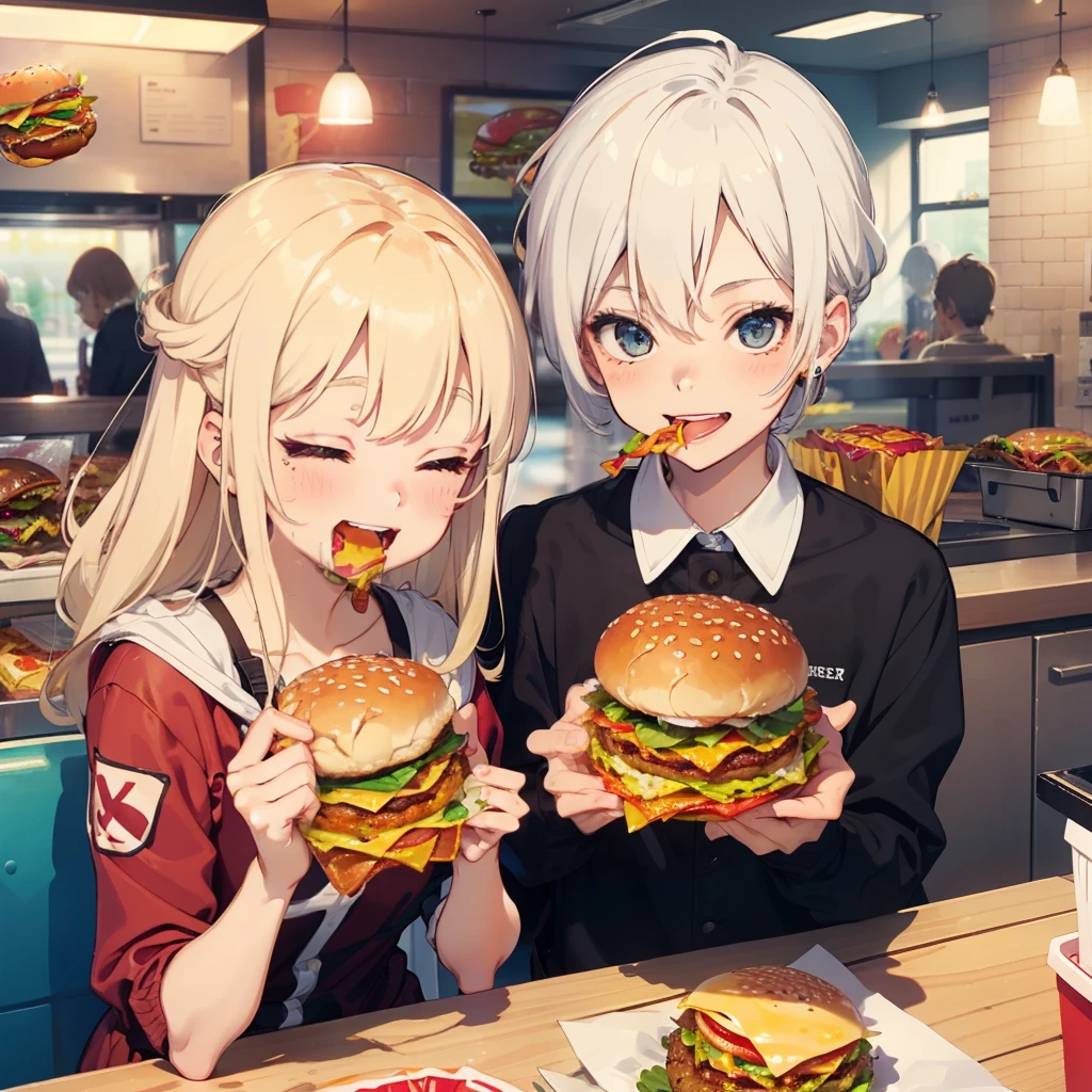 1 beauty,, Watery Big Eyes,(Happy smile),long eyelasher, Blushlush,Platinum Blonde Perm Hair,in fast food shop, (Close your eyes, Smile and open your mouth wide), ((Grabbed half-eaten 1 hamburger nibbled with both hands)),(Eat cleanly)