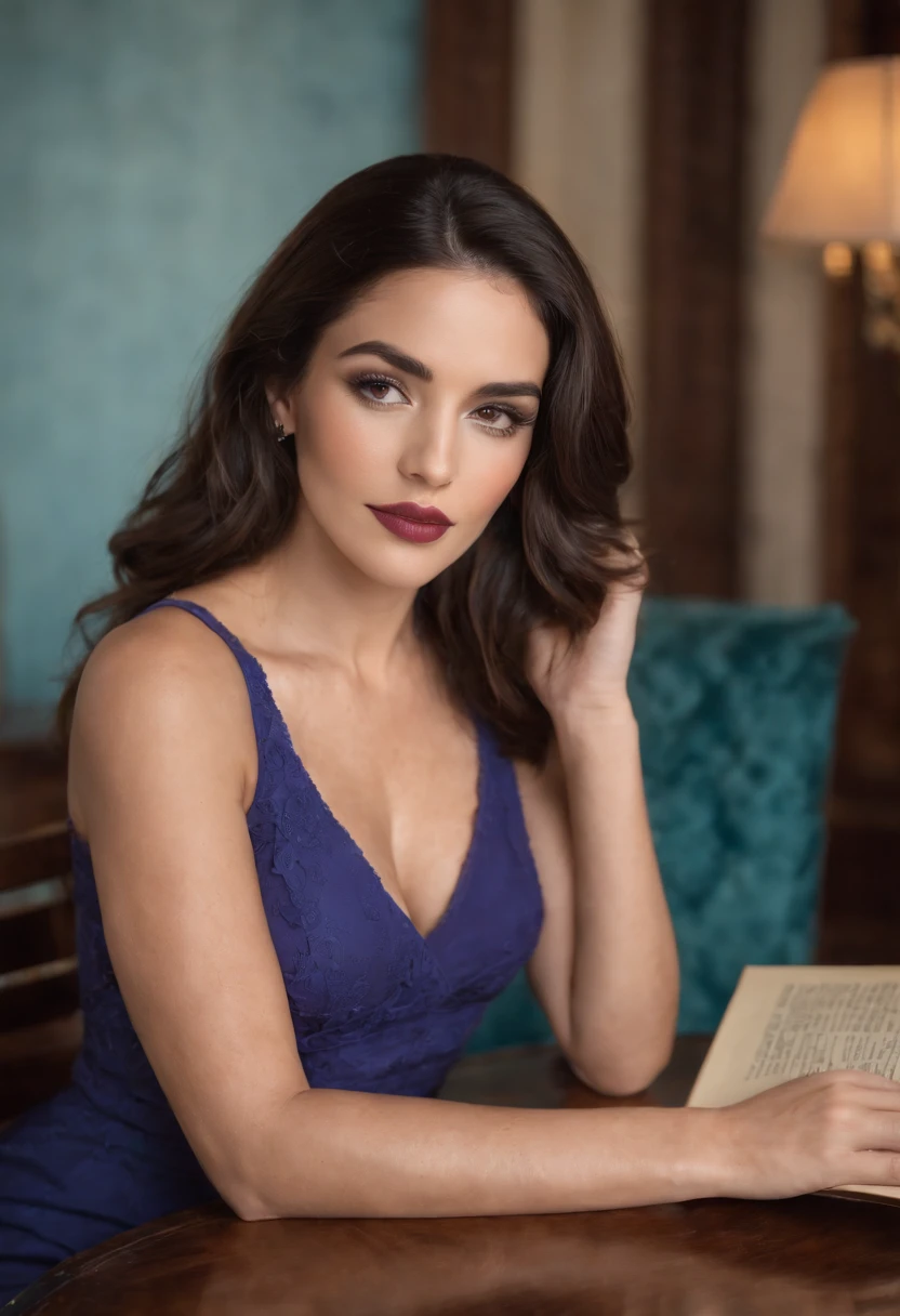 photography, medium format camera, stunning, breathtaking, An enchanting scene unfolds with a woman seated at a table, engrossed in a book. Her beauty is reminiscent of Violet Myers and is characterized by her gorgeous Latina features. She radiates elegance, resembling a beautiful Mexican woman. This stunning Latin lady, around 30 years old and possibly from Cuba, exudes charm and allure. Her attractiveness is on par with Angela White's jaw-dropping beauty.