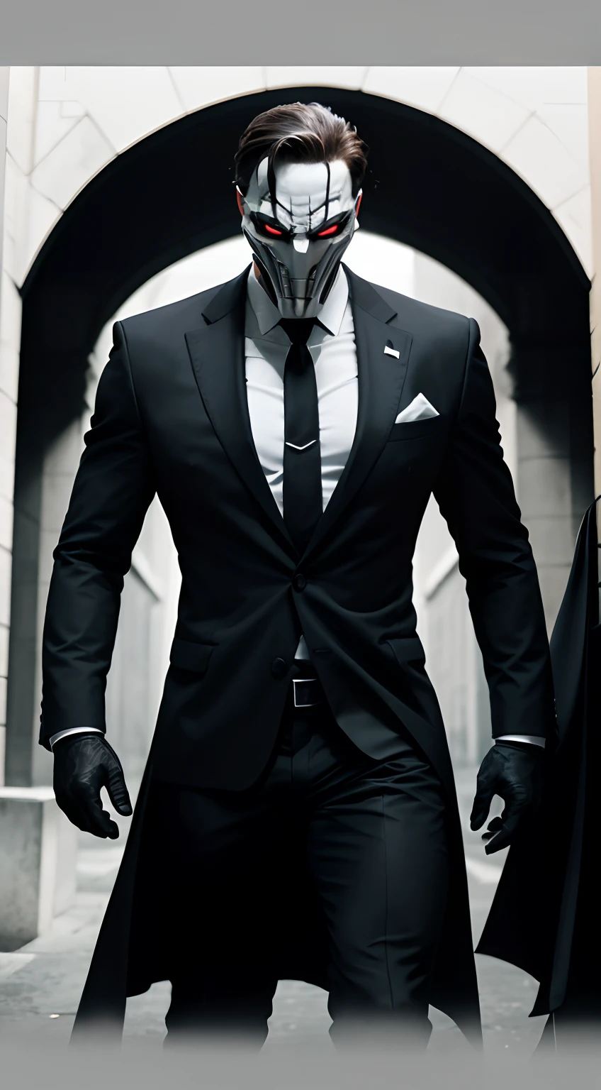 A new supervillain,The Headless Man,Full-length man,in a black and white suit,Epic scary frightening mask,brawn,black and white suit,higly detailed,