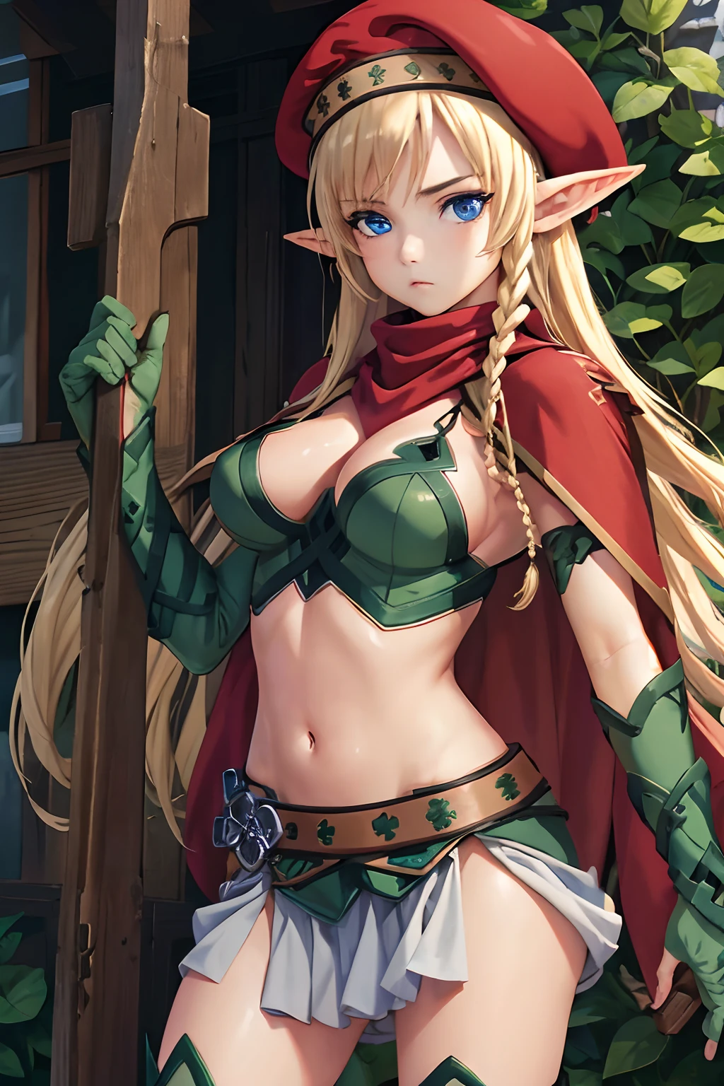 (masterpiece, best quality:1.2), cowboy shot, solo, 1girl, alleyne, elf, expressionless, looking at viewer, side braid, beret, cape, skirt, thighhighs, green footwear, thigh boots, elbow gloves, midriff, cleavage, alleyne, elf, side braid, large breasts, blonde hair, blue eyes,