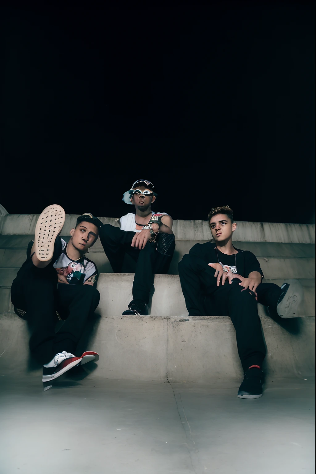 keep the photo and original clothes, without much effect only the drawing , There are three men sitting on a ledge with skateboards, sem somBras, Foto promocional, Foto de um ensaio promocional, imagem retrato, Ensaio Promocional, Foto promocional da Banda, A scooter ( Banda EDM, photograph of three ravers, trio, onyx, fotografia editorial, Pontos, EPK, Promo da Banda, existir, r&B, s Bonitos, cool looking --auto --s2