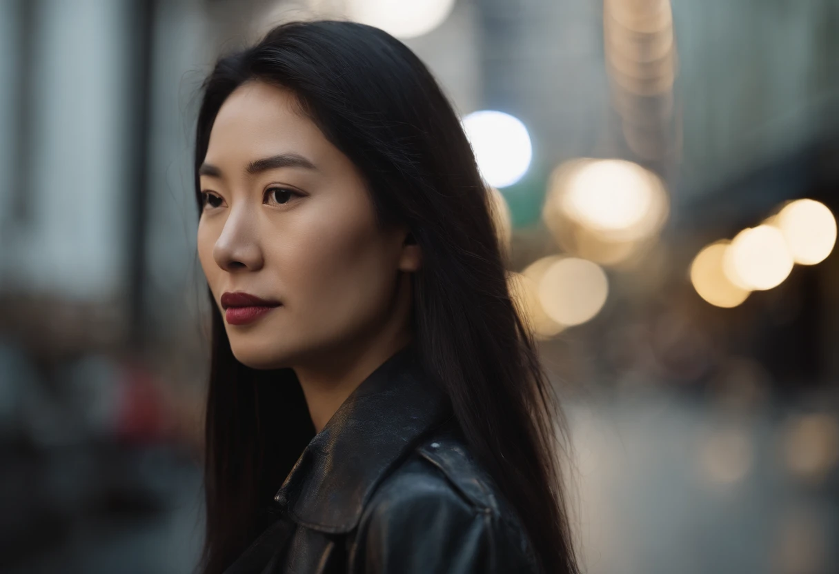 beautiful young japanese woman, 34 year old, long silky hair, black hair, floppy hair, swept over shoulder, busy tech company, san francisco city, Photojournalism, 35mm, Depth of Field, Materiality