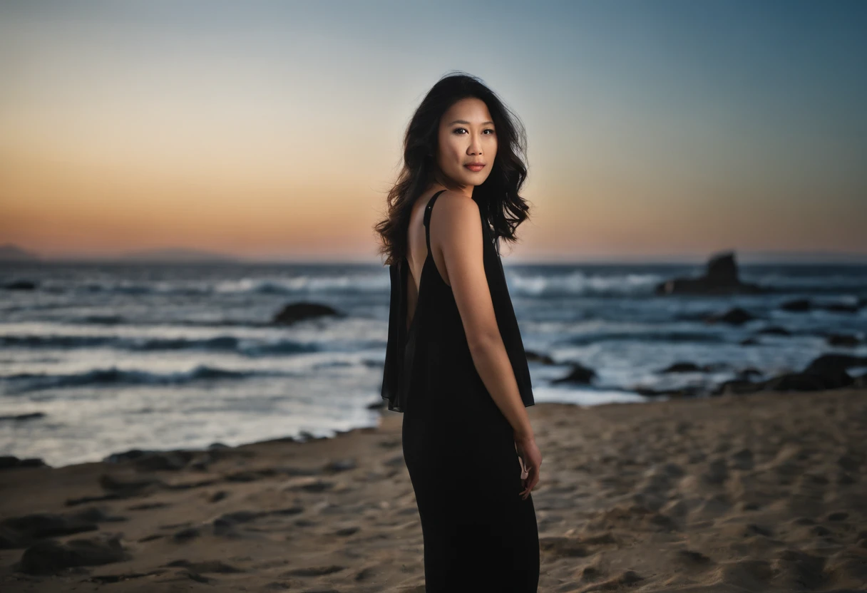 beautiful young japanese woman, 34 year old, long silky hair, black hair, floppy hair, swept over shoulder, busy tech company, san francisco city, Photojournalism, 35mm, Depth of Field, Materiality