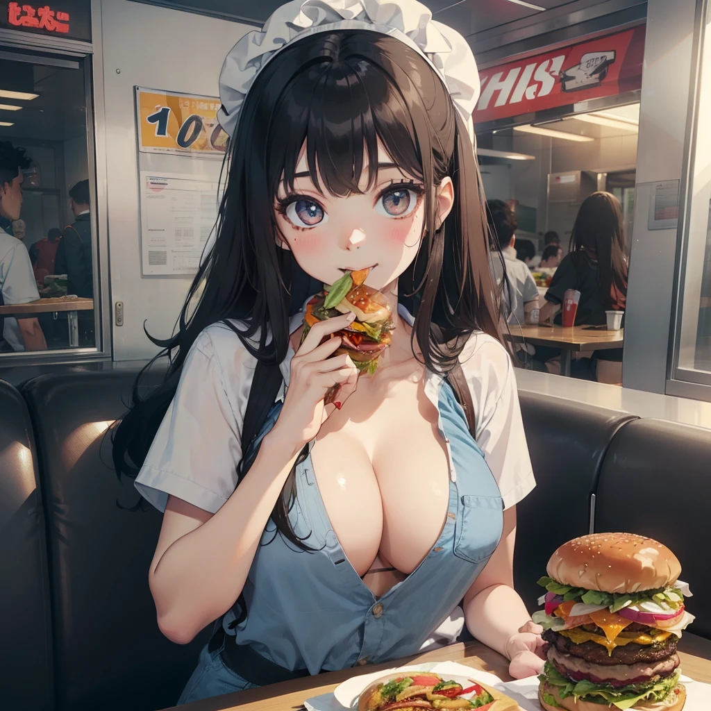 1 beauty,-yeld hischool girl, Small breast ,Watery Big Eyes,Sit facing the camera, (Her mouth is puffed up full of hamburgers), long eyelasher,falda corta,Blushlush,Black Perm Hair, in fast food shop, (with big smiles on their faces, He put a hamburger in his mouth.,), A large amount of sauce drips into the cleavage, Food residues spilled on the chest