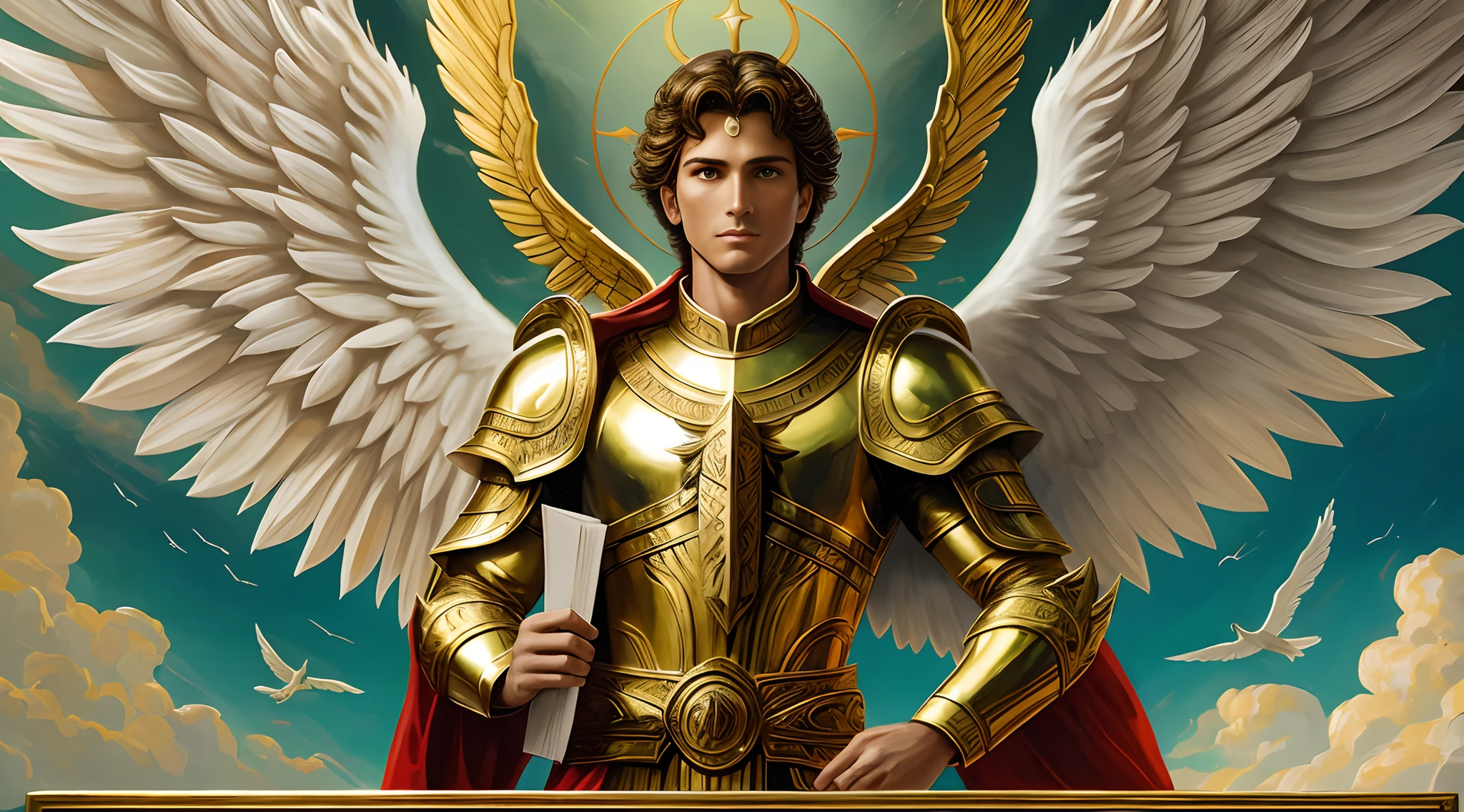 a closeup of painting of a man archangel, with wings and a book in his hands, archangel uriel,archangel michael, archangel, st. michael the angel, biblically heavenly angel, precise biblical angel, totalitarian socialist angel, inspired by God, biblically accurate angels, full of angel paintings, god art concept, uriel angel, large white wings, with green, red and white clothes, warrior of God, angel of money and gold, angel man looking at the horizon, heavenly armor