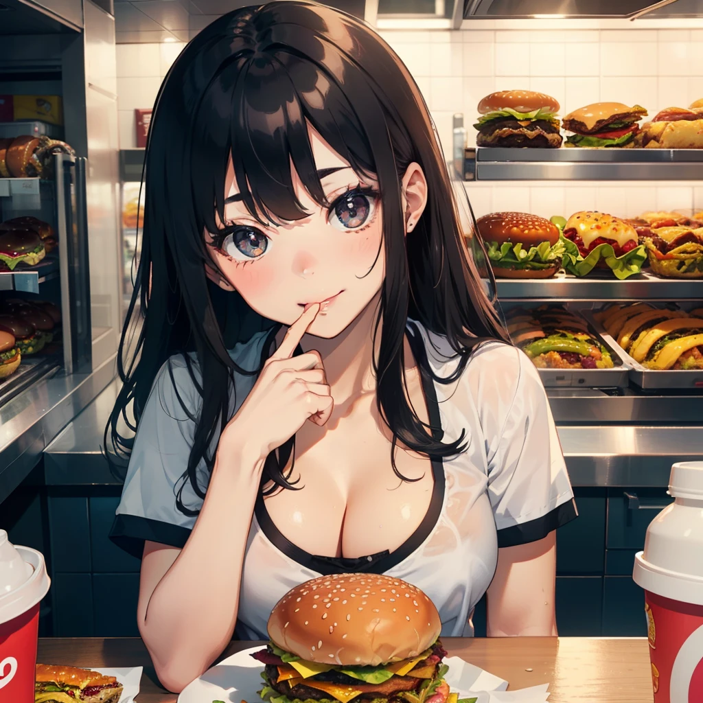1 beauty，17-year-old high school girl, tiny chest ,Watery Big Eyes，Sit facing the camera, (Her mouth is puffed up full of hamburgers), long eyelasher，falda corta，Blushlush，Black Perm Hair, in fast food shop, (with big smiles on their faces, He put a hamburger in his mouth.,), Putty drips into cleavage, Food residues spilled on the chest