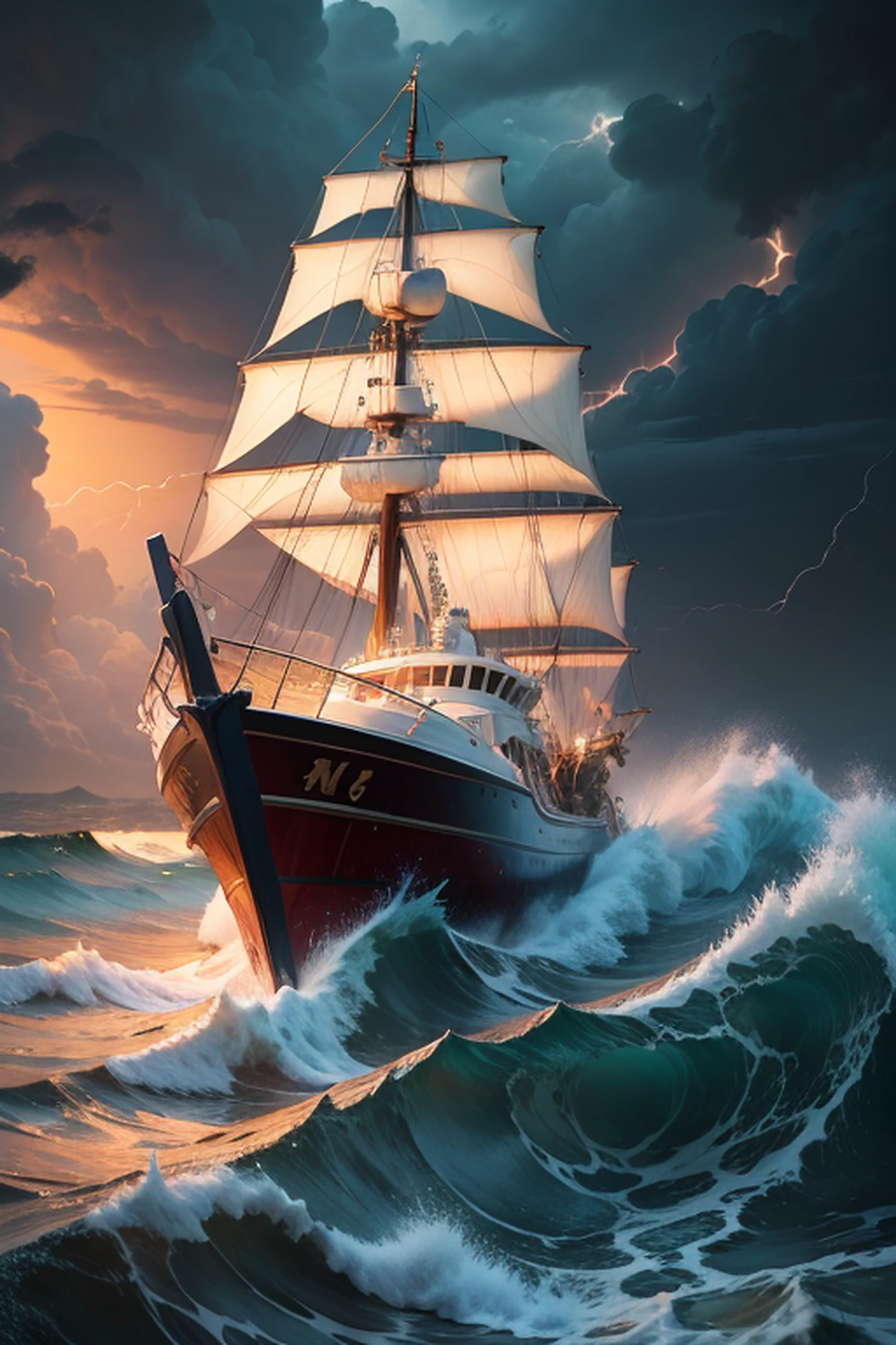 fisher boat, blond tripulants, storm, wide shout of thunders in the back, high waves, dangerous, death, 4k 8k