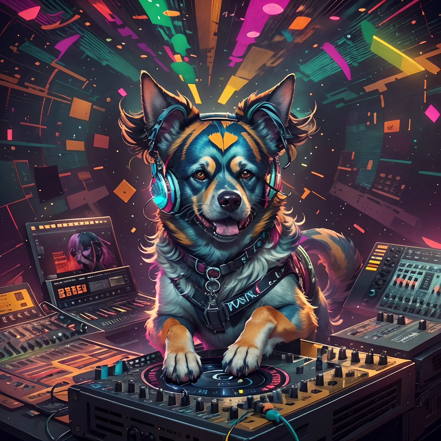 tmasterpiece, high high quality, Best quality at best,Rock ballroom,Stylish dog DJ,Dogs wear punk headphones,Dogs wear rock costumes,big breasts beautiful, k hd,8K, yes,Look at the crowd,Quirky, Vibrant appearance, Playful accessories, Bright colors,Creative behavior, Rambled, Sensual, Spontaneous, DJ headphones, ((Mixing Console)), Dysfunctional punk dog, Revel dogs,Music Clubs, night club, Independent cinema, Dogs dancing on dance floor background, Underground danceclub, Underground danceclub,night club, Highest quality, Intricate details, (Cinematic lighting), RAW photo, 8K,Psychedelic surrealist art,Surrealist psychedelic design,dream art style,Illusion psychedelic art, Colorful dark vectors,