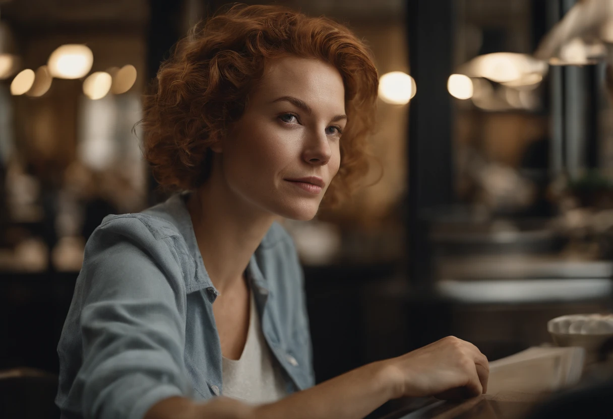 beautiful young woman, 28 year old, short messy hair, ginger hair, floppy hair, straight hair, busy news office, new york city, Photojournalism, 35mm, Depth of Field, Materiality