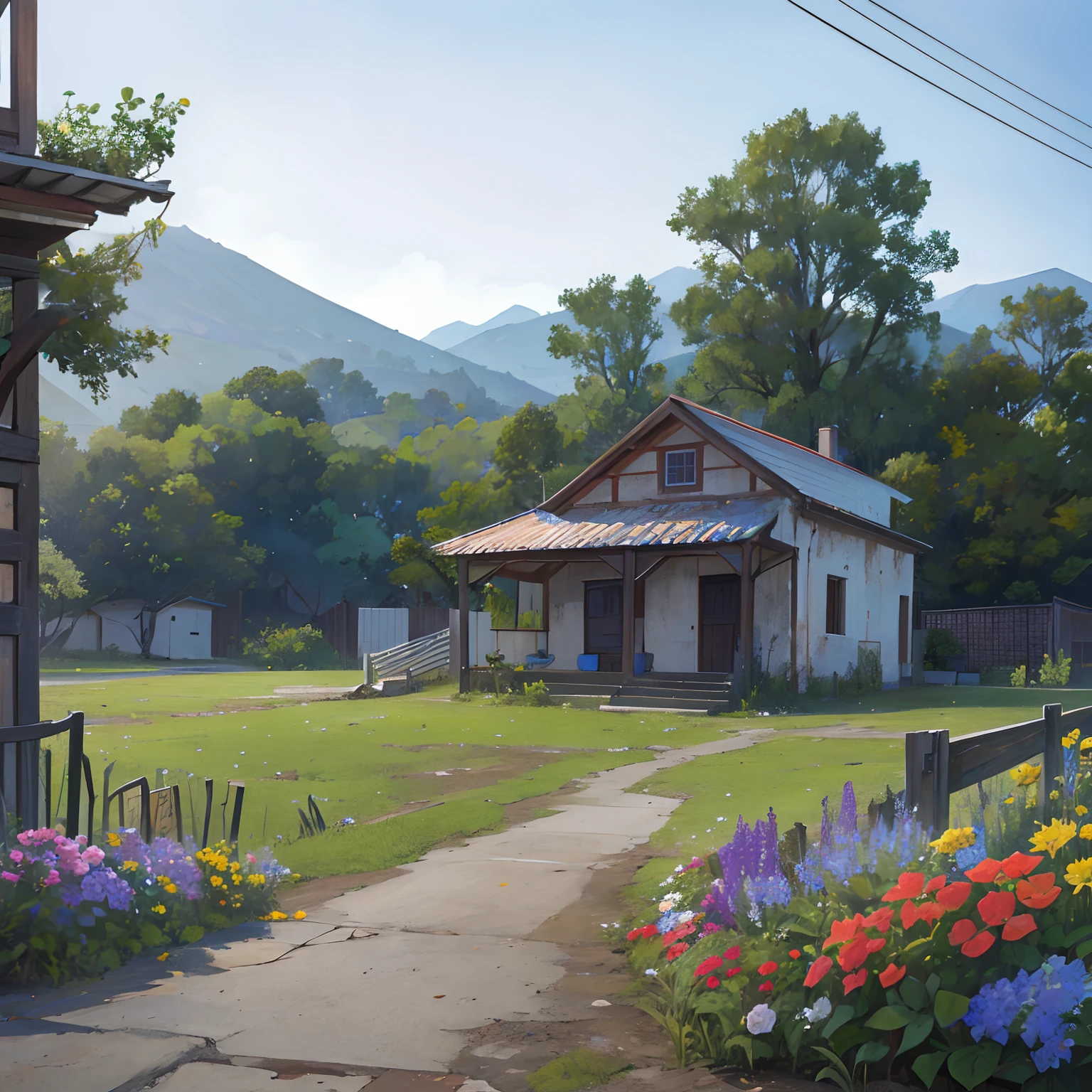 There is a small house with a fence and some flowers in front of it, Cinematographer, A brick cabin in the woods, Casa antigua, Casa de barro y ladrillo, Historical landscape, Imagen de avatar, estilo gta san andreas.