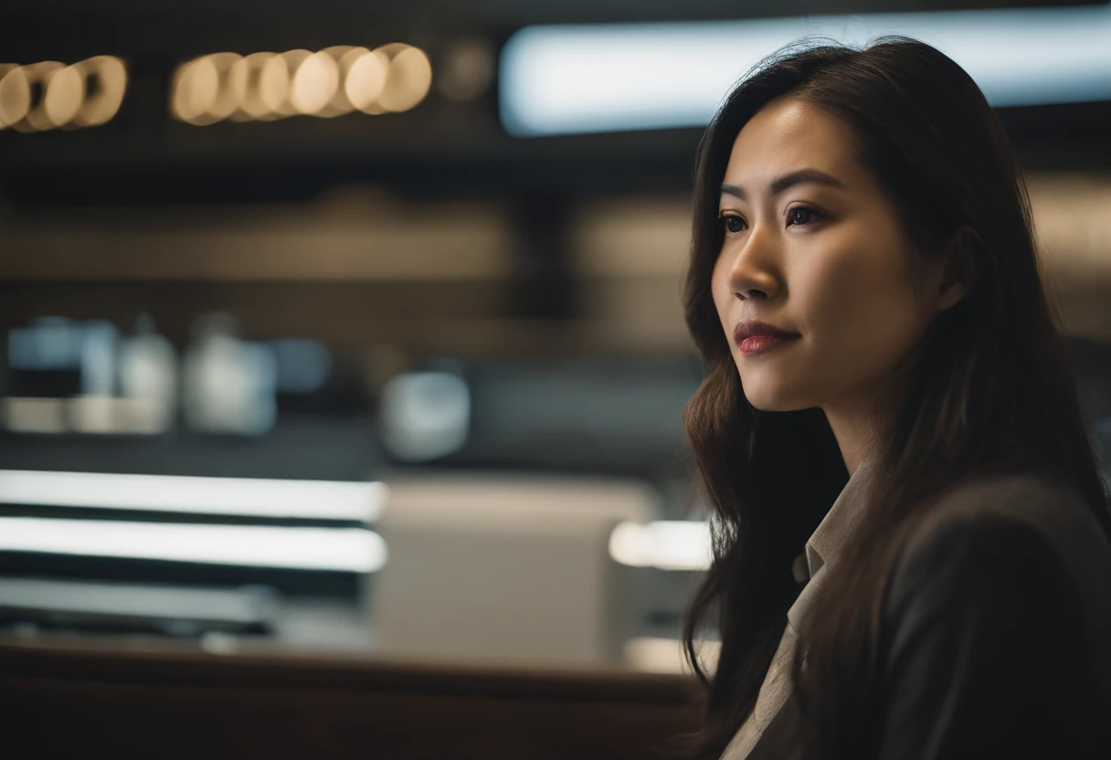 beautiful young japanese woman, 34 year old, long silky hair, black hair, floppy hair, swept over shoulder, busy tech company, san francisco city, Photojournalism, 35mm, Depth of Field, Materiality