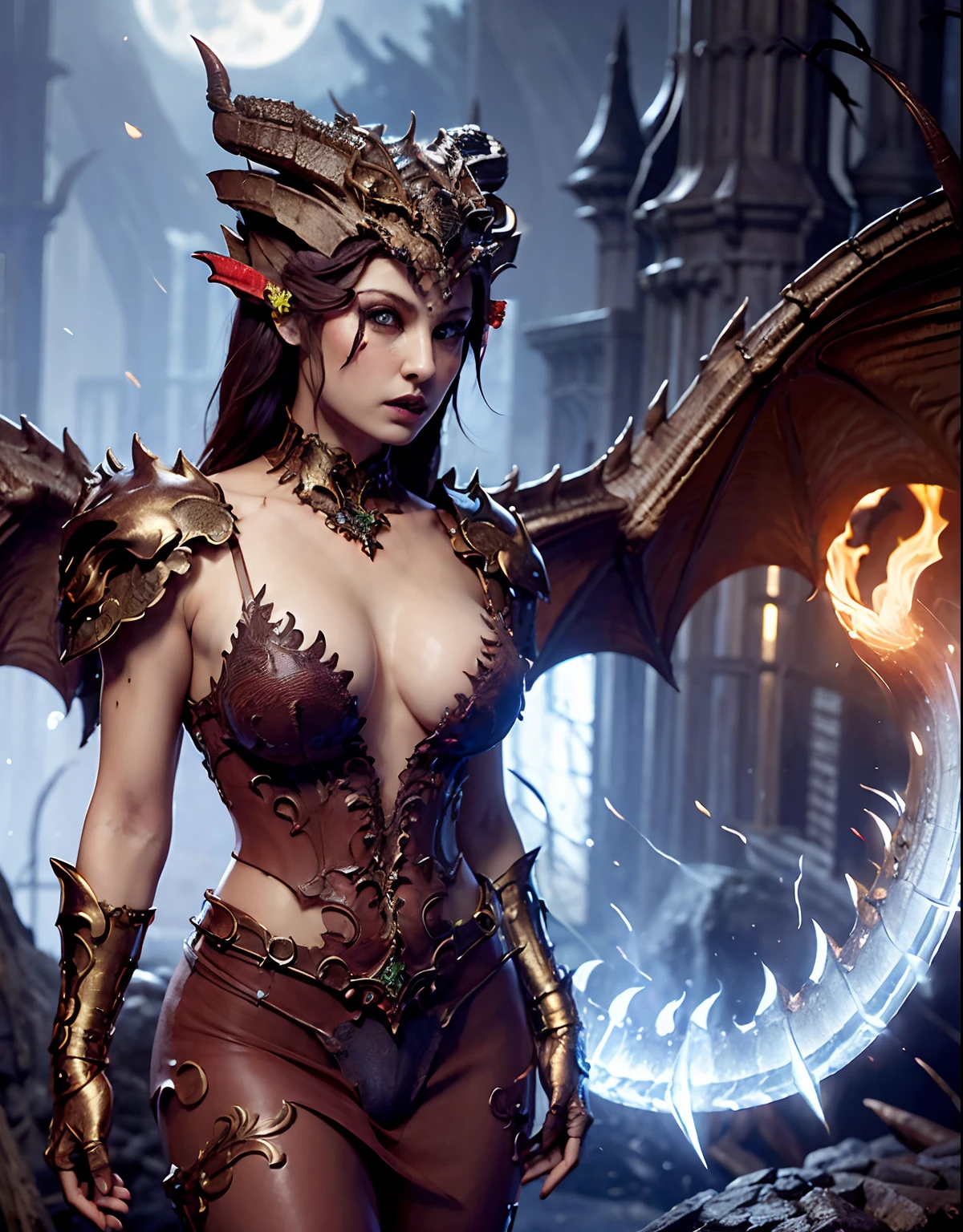 Professional , ​masterpiece、top-quality、photos realistic , depth of fields 、（Dragon Metal Body:1.９),(Enamellet、（cleavage of the breast）、Mystical expression、（fullmoon：1.2）、Dragon Gold Weapon、（Micro Bikini Armor:1.４),Gorgeous gold weapons ,(((Particles of light)))、Light Effects、Bright blue eyes glow、（（ Dragon's dense and gorgeous sword）） , （demonic wings）、（（Red-haired））、（Castle background）、（（Gangle's forest background））、（（Fight dragons））、Beautiful Caucasian beauty、１a person、dynamic ungle,(((Detailed and ornate dragon helmet)))、Smaller head、A smile、Castle background、Thin and beautiful female hands、cleavage of the breast、Soldier in iron armor on background、Mystical expression、Light Effects、intense fighting、Wind-effect、magic circles、With the legendary magic wand、Dragon's tail、explosions、Anatomically correct body、((Detailed hands and fingers)),