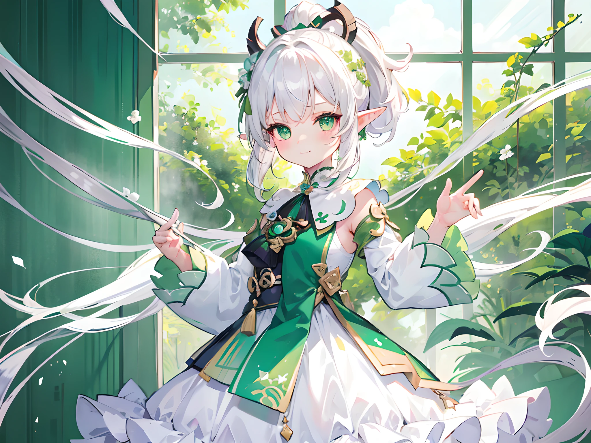 1 little girl, white hair, ponytail, hair piece (green), green and white theme dress, green eyes, smile, indoor, simple background, cute, elf, perfect face, looking at viewer, Nahida, Genshin Impact, best quality, expressive eyes, blush, day, masterpiece, 8k, ray tracing