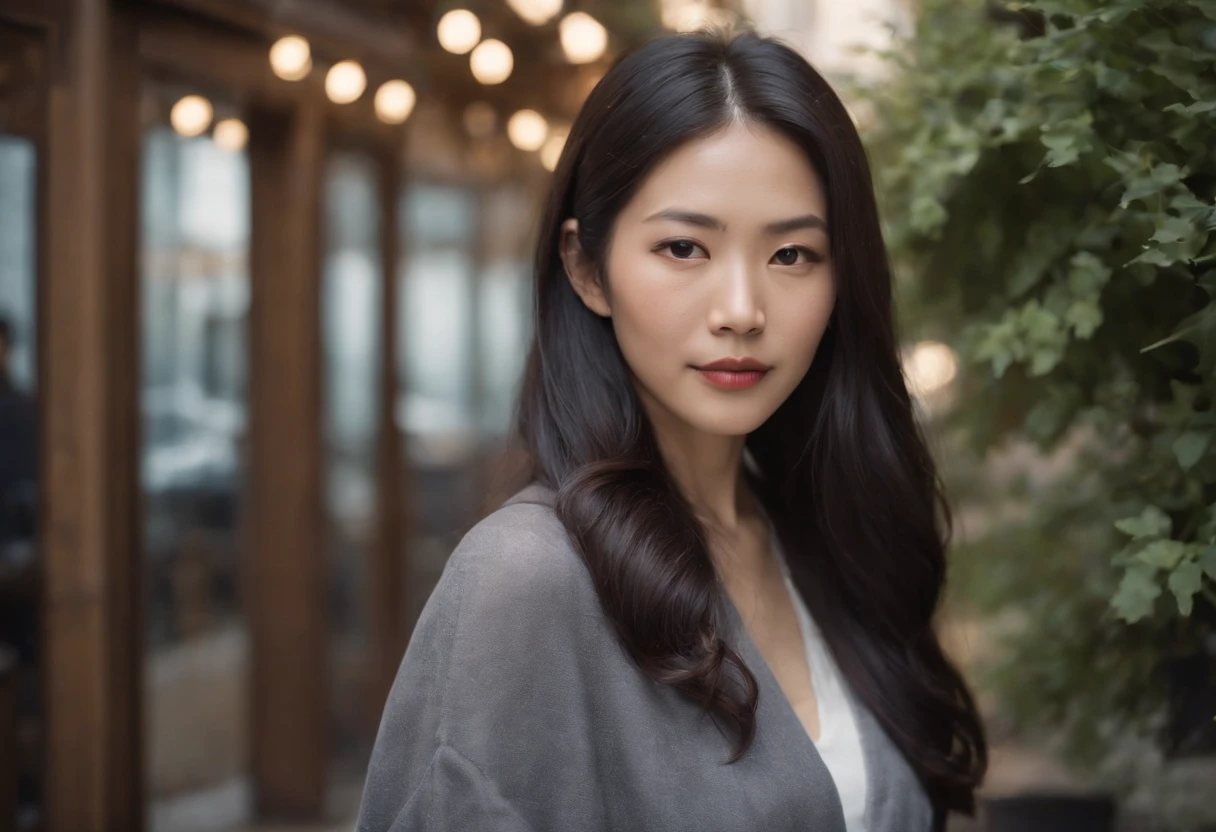 beautiful young japanese woman, 34 year old, long silky hair, black hair, floppy hair, swept over shoulder, busy tech company, san francisco city, Photojournalism, 35mm, Depth of Field, Materiality