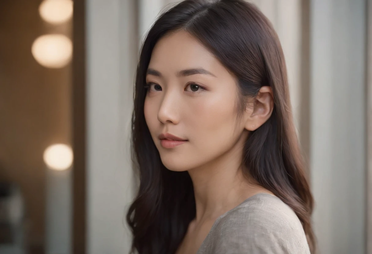 beautiful young japanese woman, 34 year old, long silky hair, black hair, floppy hair, swept over shoulder, busy tech company, san francisco city, Photojournalism, 35mm, Depth of Field, Materiality