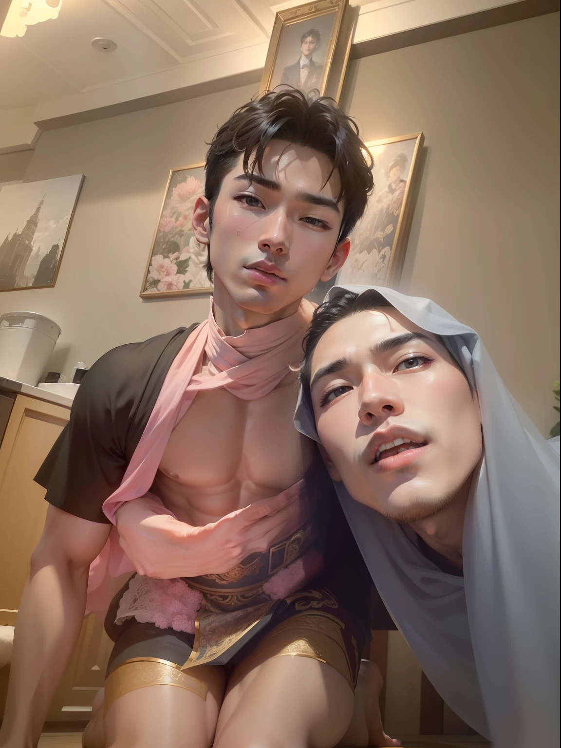 Solo, male focus, (masterpiece, ultra quality, high resolution, 8k, intricate: 1.2), (detailed face:1.2), handsome, Young Korean man , , detailed skin, 1boy, ((realistic)), (Crawling on All Fours, Kneeling),shirtless