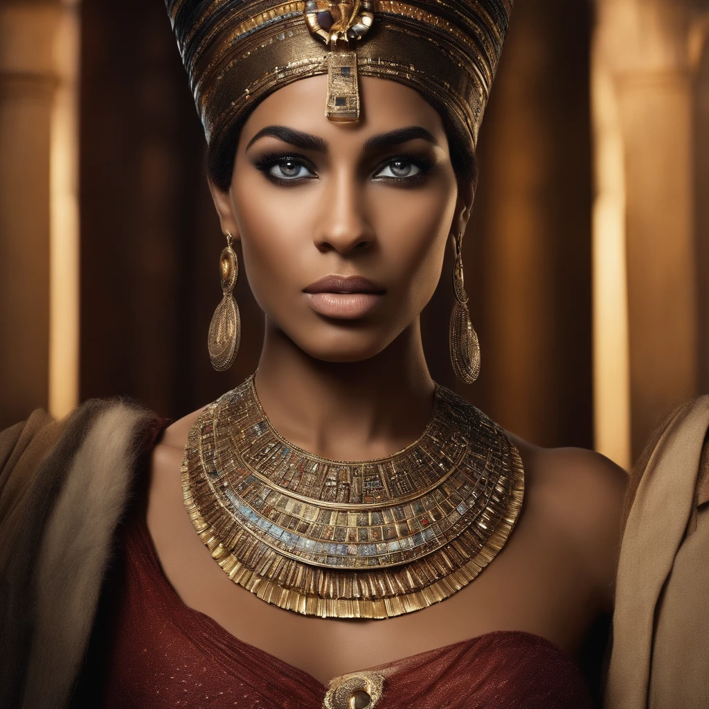 A photo of Cleopatra with half of her face with European features and fair skin and the other half with African features and dark skin, representing his mixed ancestry.