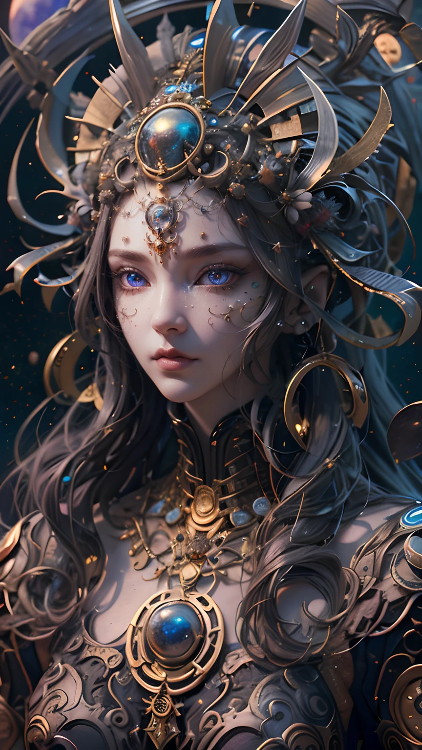 (best qualtiy,ultra - detailed,Most Best Illustration,Best shadow,tmasterpiece,A high resolution,professionalartwork,famousartwork),Detailed eyes,beautidful eyes,closeup cleavage,sci-fy,colored sclera,Robot eyes,face markings,Tattooed with,(fractalized,Fractal eyes),largeeyes,Wide eyes,(Eye focus),sface focus,Cosmic eyes,Space eyes,Close-up of metal sculpture of a woman with a moon in her hair,goddes。extremly high detail,3 d goddess portrait,Extremely detailed footage of the goddess,a stunning portrait of a goddess,Side image of the goddess,portrait of a beautiful goddess,Full body close-up portrait of the goddess,hecate goddess,portrait of a norse moon goddess,goddess of space and time
