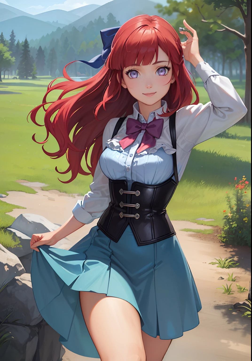 Photorealistic,photography, (ArielWaifu:1), smile, cute, beautiful pose, looking at the viewer, thick thighs, (blue dress, hair bow, corset), walking, from below, 
(realistic: 1.2), (realism), (masterpiece: 1.2), (best quality), (ultra detailed), (8k, 4k, intricate), (full-body-shot: 1), (Cowboy-shot: 1.2), (85mm), light particles, lighting, (highly detailed: 1.2), (detailed face: 1.2), (gradients), sfw, colorful, (detailed eyes: 1.2),
(detailed landscape, night, lake, magic forest, plants: 1.2), (detailed background), detailed landscape, (dynamic angle: 1.2), (dynamic pose: 1.2), (rule of third_composition:1.3), (line of action: 1.2), wide shot, daylight, soil, Blunt Bangs, purple eyes, long red hair