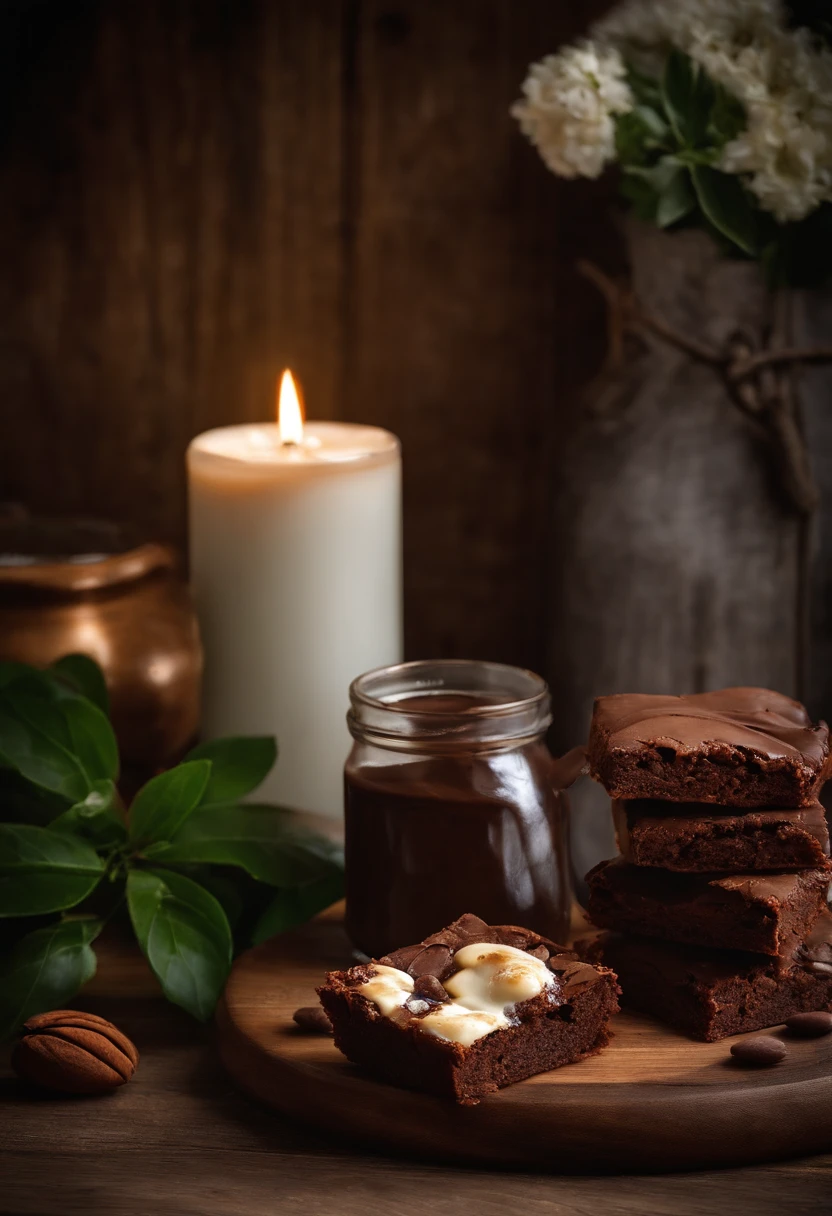 "Close your eyes and imagine a brownie fresh out of the oven, com uma camada cremosa de Nutella por cima. Ao lado dele, is an open can of milk Nest, pronta para adicionar ainda mais sabor. Visualize this temptation on a rustic wooden table, bringing a sense of comfort and pleasure. Descreva cada detalhe dessa imagem.”