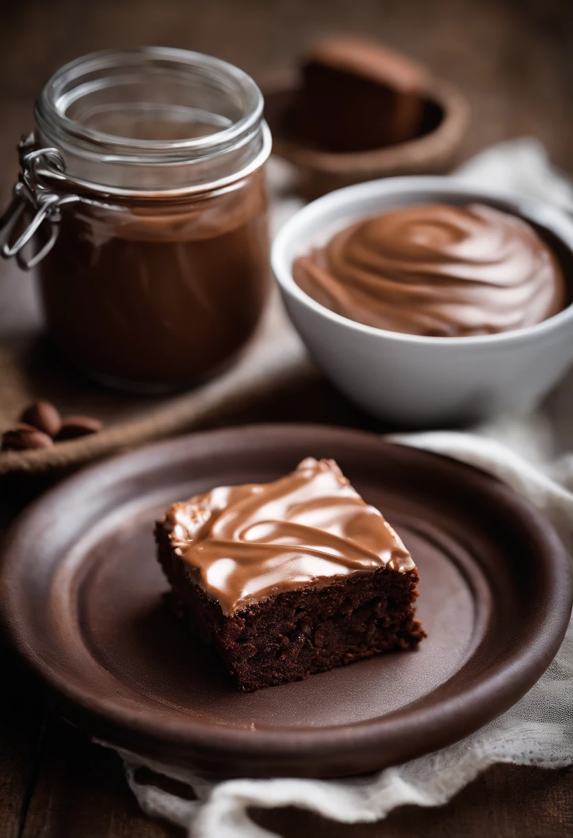 "Close your eyes and imagine a brownie fresh out of the oven, com uma camada cremosa de Nutella por cima. Ao lado dele, is an open can of milk Nest, pronta para adicionar ainda mais sabor. Visualize this temptation on a rustic wooden table, bringing a sense of comfort and pleasure. Descreva cada detalhe dessa imagem.”