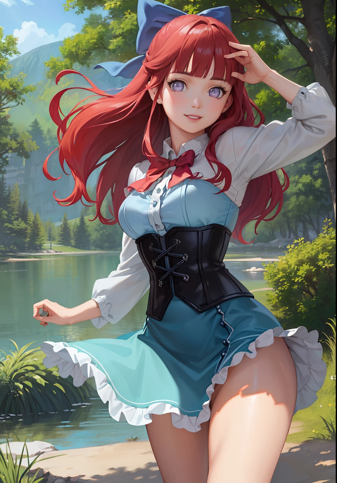 Photorealistic,photography, (ArielWaifu:1), smile, cute, beautiful pose, looking at the viewer, thick thighs, (blue dress, hair bow, corset), walking, from below, 
(realistic: 1.2), (realism), (masterpiece: 1.2), (best quality), (ultra detailed), (8k, 4k, intricate), (full-body-shot: 1), (Cowboy-shot: 1.2), (85mm), light particles, lighting, (highly detailed: 1.2), (detailed face: 1.2), (gradients), sfw, colorful, (detailed eyes: 1.2),
(detailed landscape, night, lake, magic forest, plants: 1.2), (detailed background), detailed landscape, (dynamic angle: 1.2), (dynamic pose: 1.2), (rule of third_composition:1.3), (line of action: 1.2), wide shot, daylight, soil, Blunt Bangs, purple eyes, long red hair