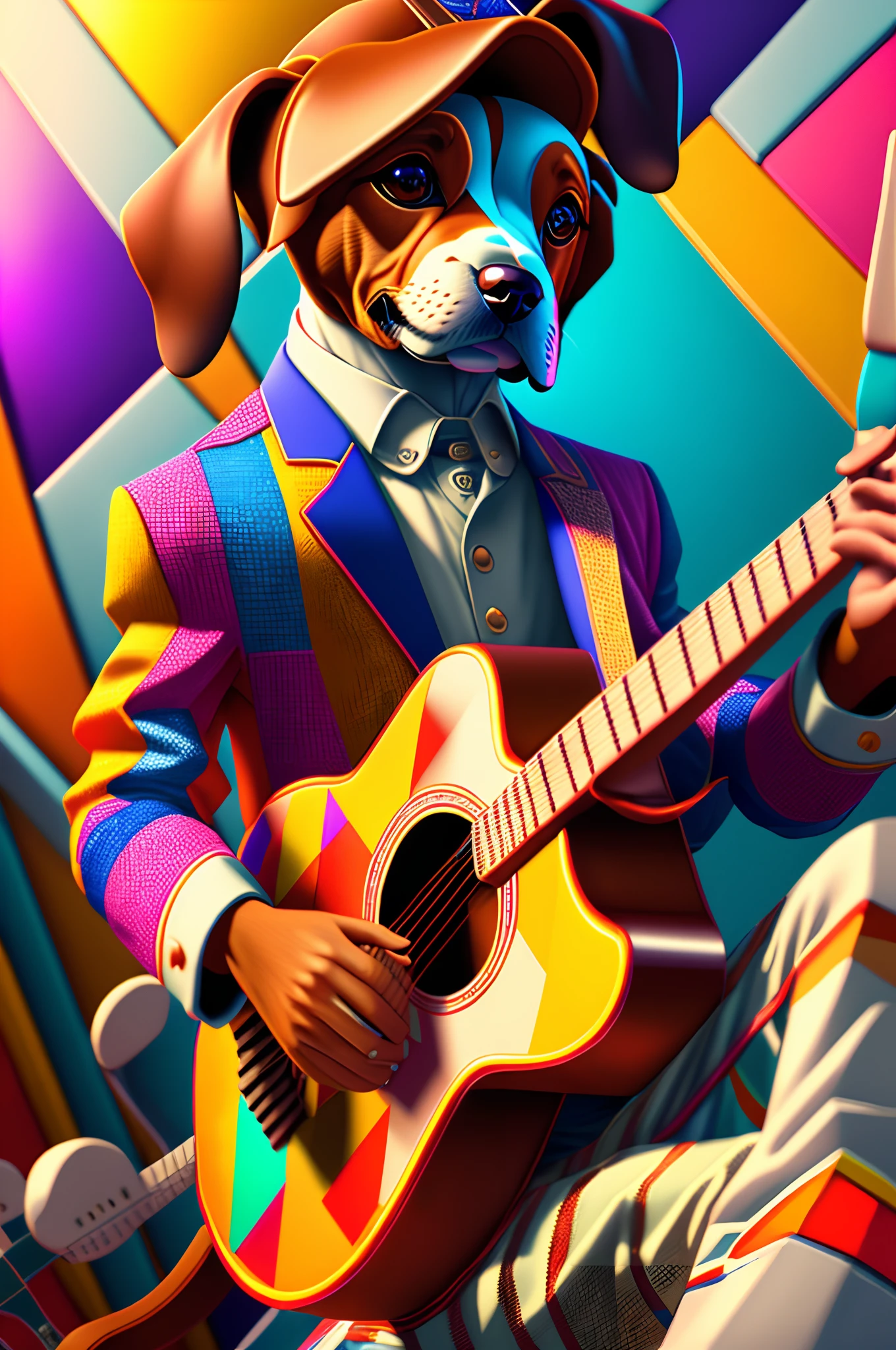 Ray tracing,{Best quality}, {{Masterpiece}}, {A high resolution}, Original, Extremely detailed 8k wallpaper, ,incredibly_absurderes,Colorful,intricately details,Abu,(Dog boy,plays the guitar),Dog boy, Blazer，Stage, Dramatic angle，