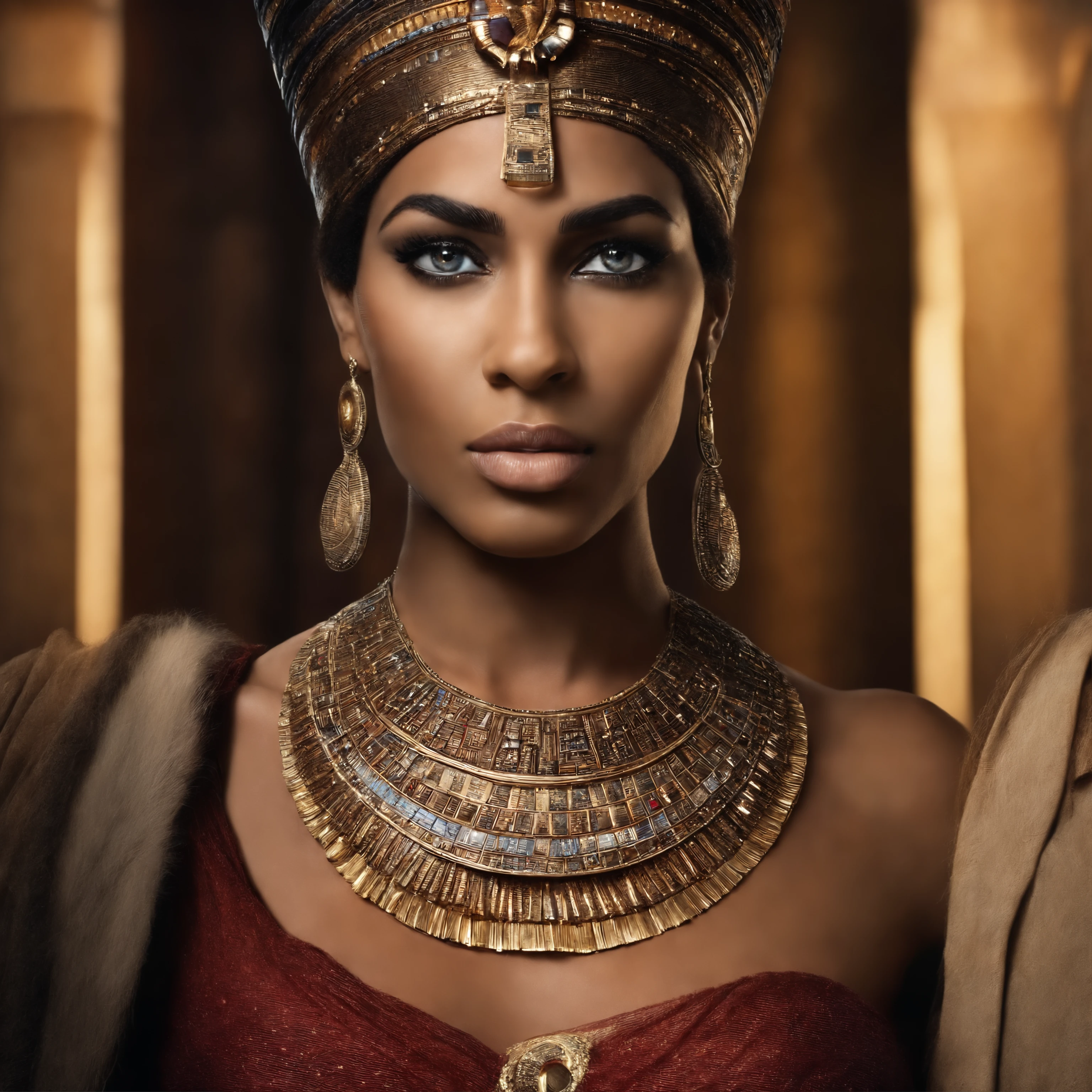A photo of Cleopatra with half of her face with European features and fair skin and the other half with African features and dark skin, representing his mixed ancestry.