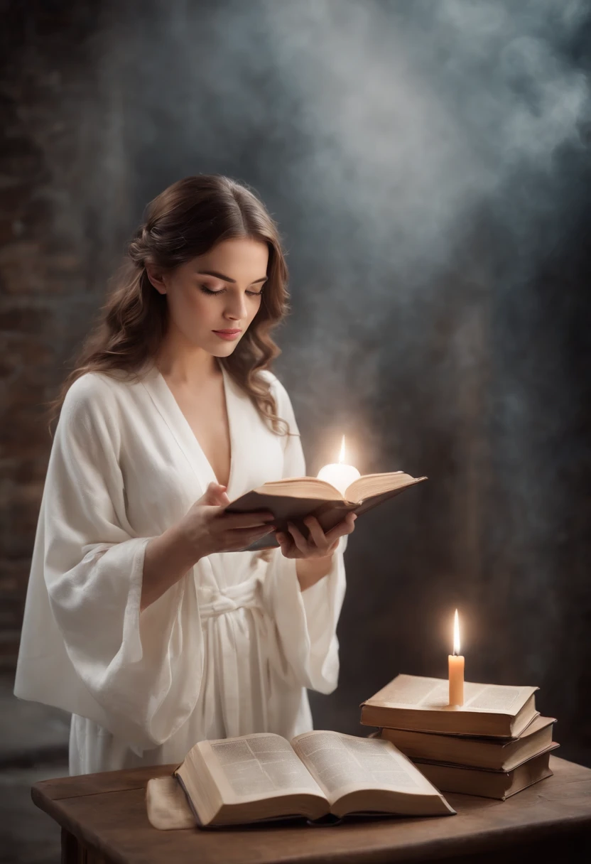 A beautiful magical woman in a white robe raised her hand, A circle of magic books scattered on the ground, Magic books and candles are placed around, Seven mirrors at different angles just above, Gloomy picture, vision, Depth of field, divine light, film grain, Optical illusion, Vignetting, Renaissance, Pre-Raphaelite Brotherhood, High detail, Back Shadow