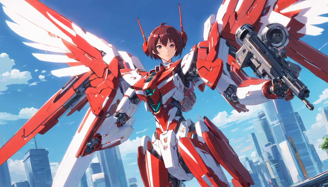 Female red and white cyborg mech,holding gun,Complex mechanical structure,Mecha articulated wing metallic luster,Fly in the sky