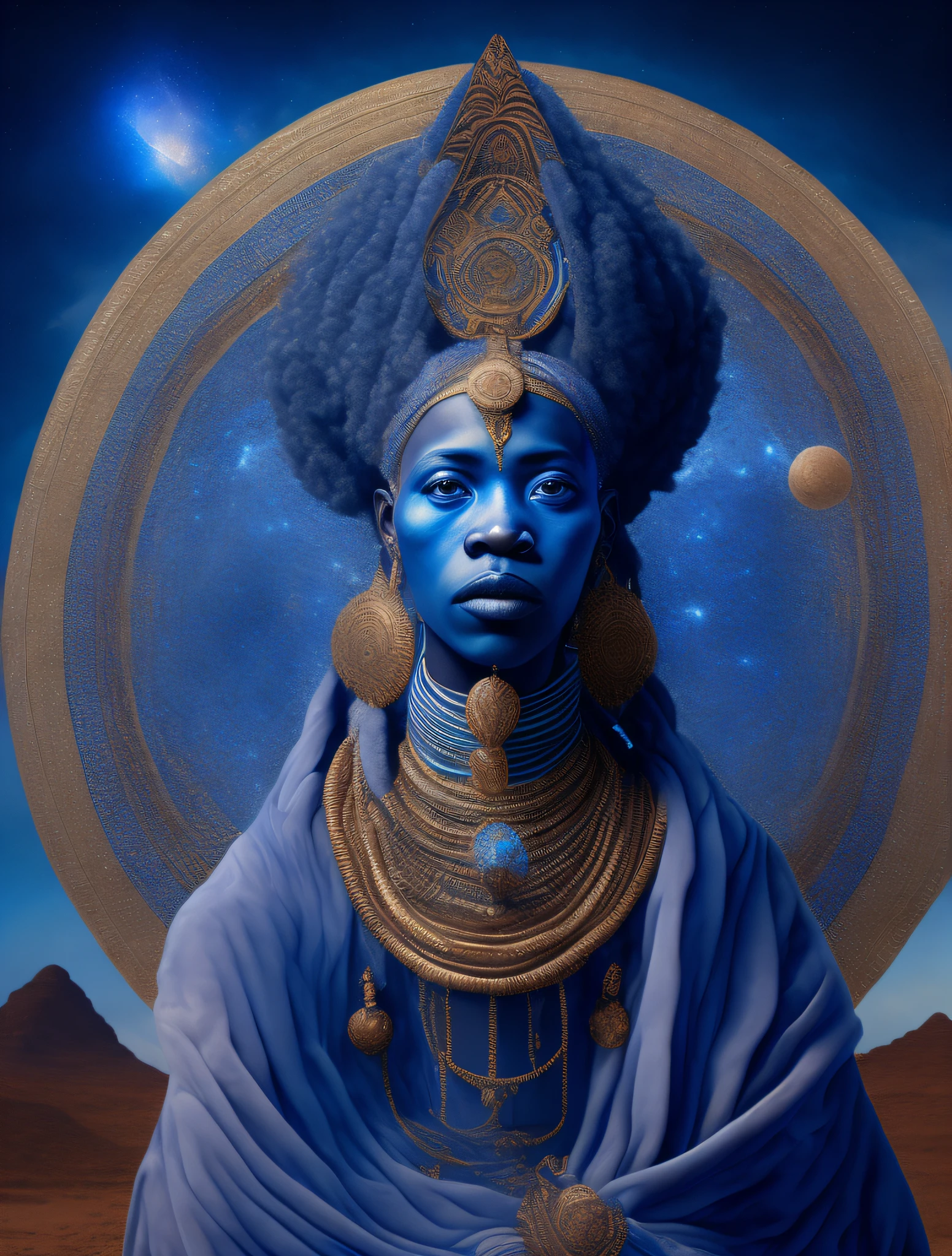 Obatala the African orisha wearing a detailed and intricate ade,fundo de mata fechada, blue sky and mountains cosmic god, astrofotografia