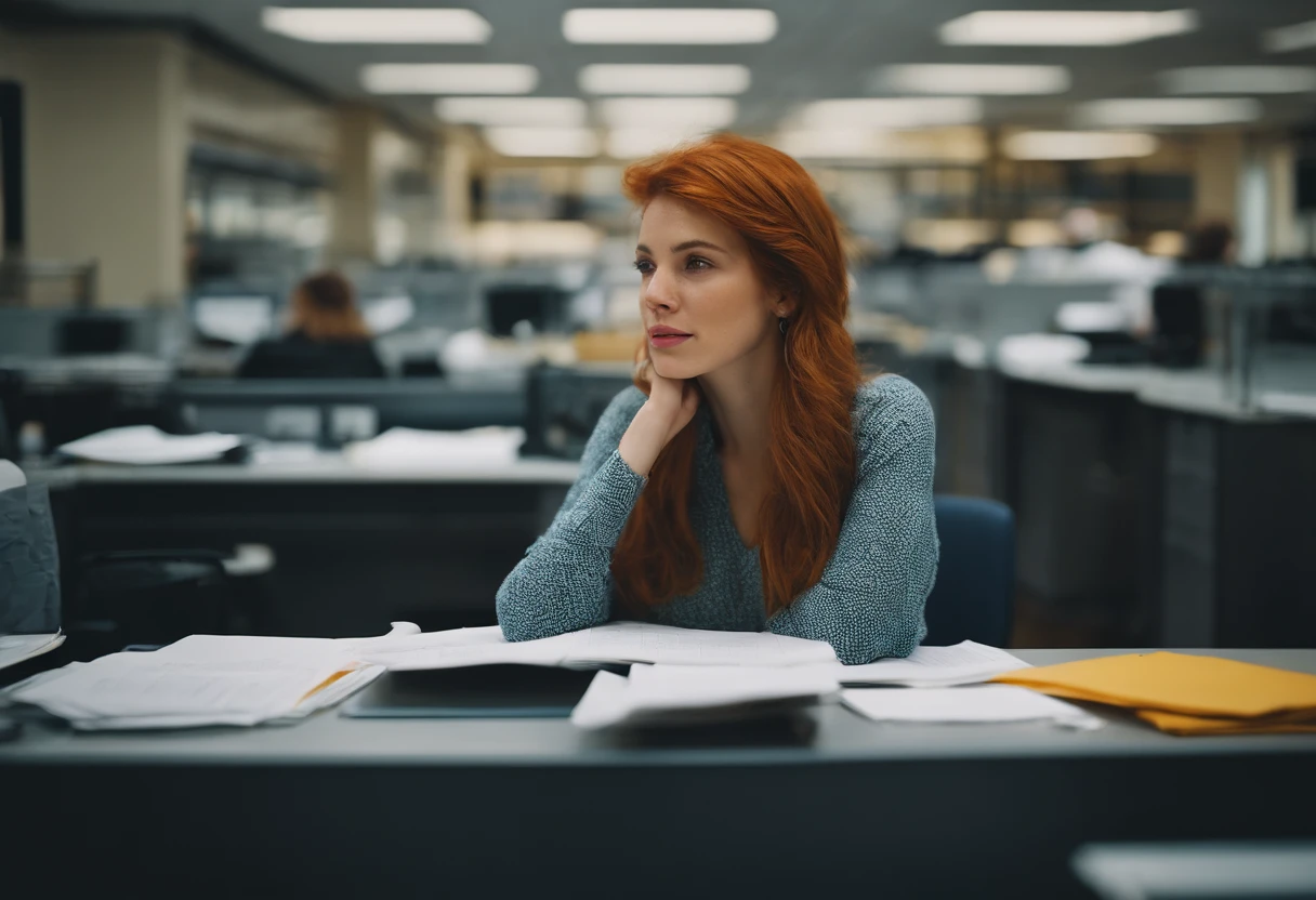 beautiful young woman, 28 year old, short messy hair, ginger hair, floppy hair, straight hair, busy news office, new york city, Photojournalism, 35mm, Depth of Field, Materiality