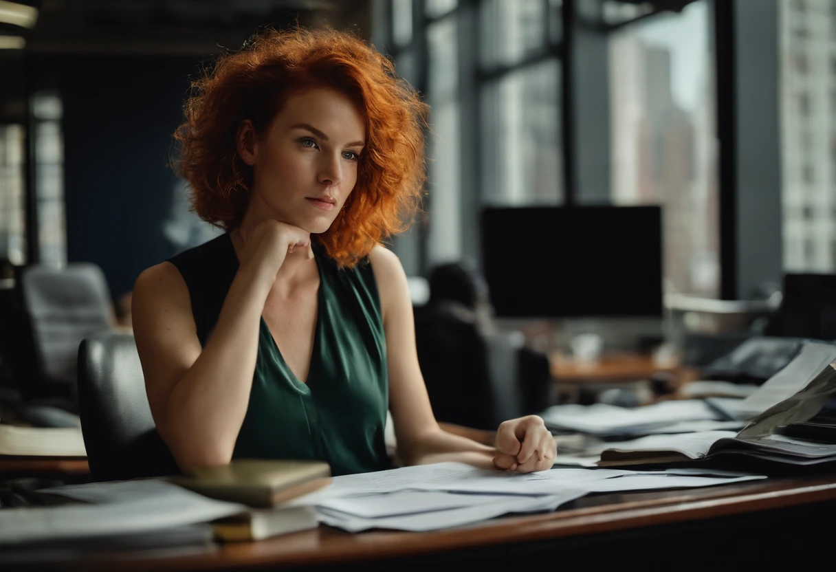 beautiful young woman, 28 year old, short messy hair, ginger hair, floppy hair, straight hair, busy news office, new york city, Photojournalism, 35mm, Depth of Field, Materiality