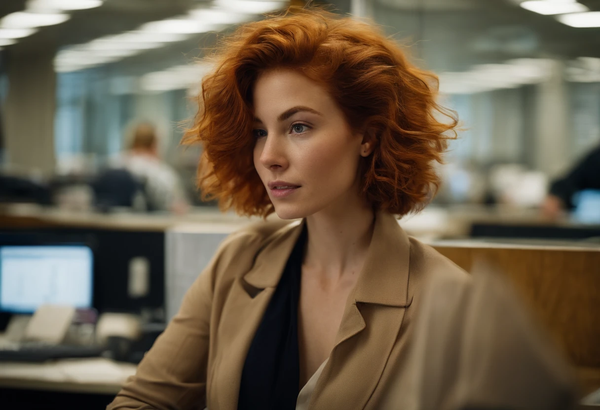 beautiful young woman, 28 year old, short messy hair, ginger hair, floppy hair, straight hair, busy news office, new york city, Photojournalism, 35mm, Depth of Field, Materiality