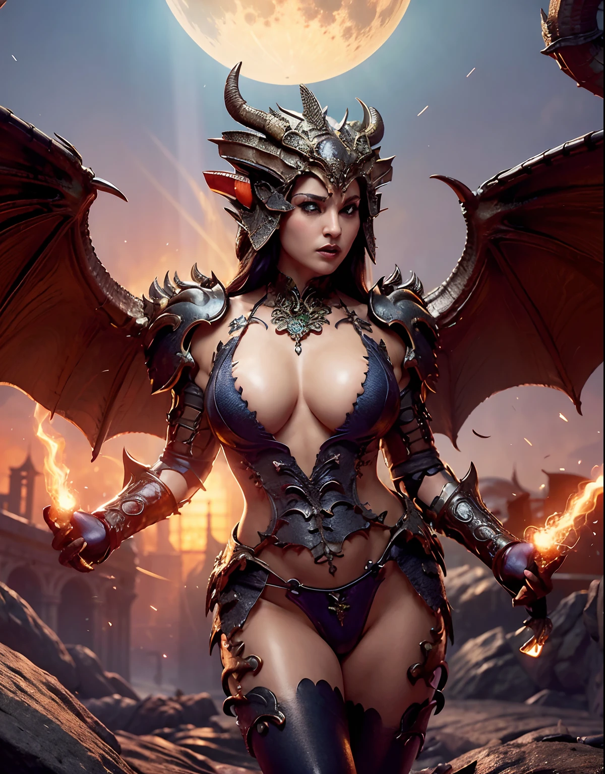 Professional , ​masterpiece、top-quality、photos realistic , depth of fields 、（Dragon Metal Body:1.９),(Enamellet、（cleavage of the breast）、Mystical expression、（fullmoon：1.2）、Dragon Gold Weapon、（Micro Bikini Armor:1.４),Gorgeous gold weapons ,(((Particles of light)))、Light Effects、Bright blue eyes glow、（（ Dragon's dense and gorgeous sword）） , （demonic wings）、（（Red-haired））、（Castle background）、（（Gangle's forest background））、（（Fight dragons））、Beautiful Caucasian beauty、１a person、dynamic ungle,(((Detailed and ornate dragon helmet)))、Smaller head、A smile、Castle background、Thin and beautiful female hands、cleavage of the breast、Soldier in iron armor on background、Mystical expression、Light Effects、intense fighting、Wind-effect、magic circles、With the legendary magic wand、Dragon's tail、explosions、Anatomically correct body、((Detailed hands and fingers)),