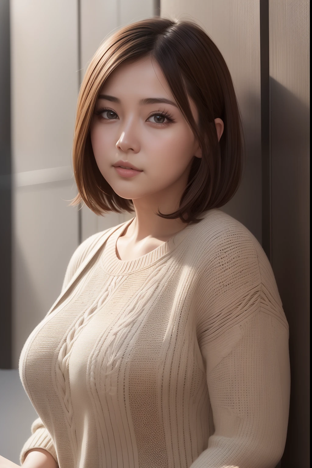 masutepiece, Best Quality, Photorealsitic, finely detail, hight resolution, 8K Painting Wall, Perfect dynamic composition, Beautiful detailed eyes, Chubby adult woman in light knitwear, bobhair, Look at viewers