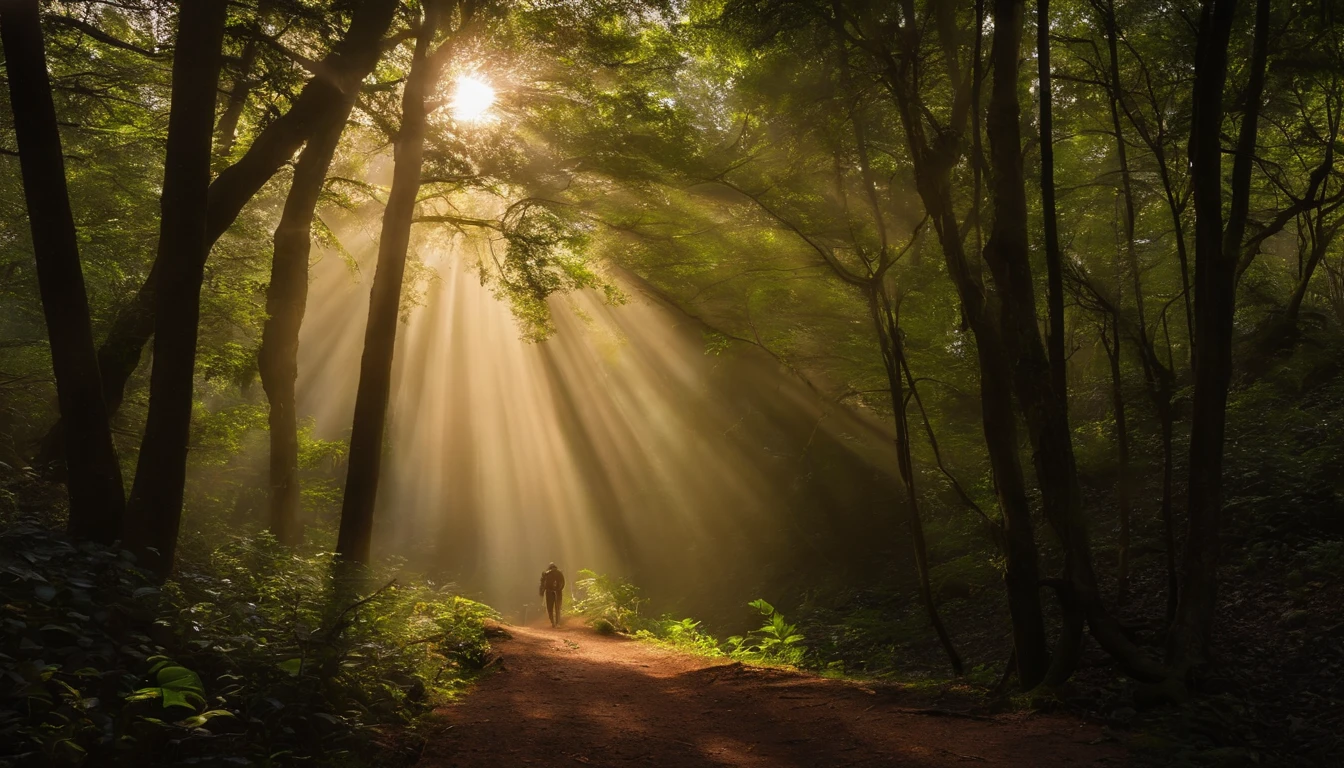 Agora, preciso de uma floresta, with a trail and rays of sunshine passing through the trees. It should bring a sense of peace. Um explorador com uma mochila de trilha e segurando um trekking stick, looking up with an expression on his face of peace and serenity.