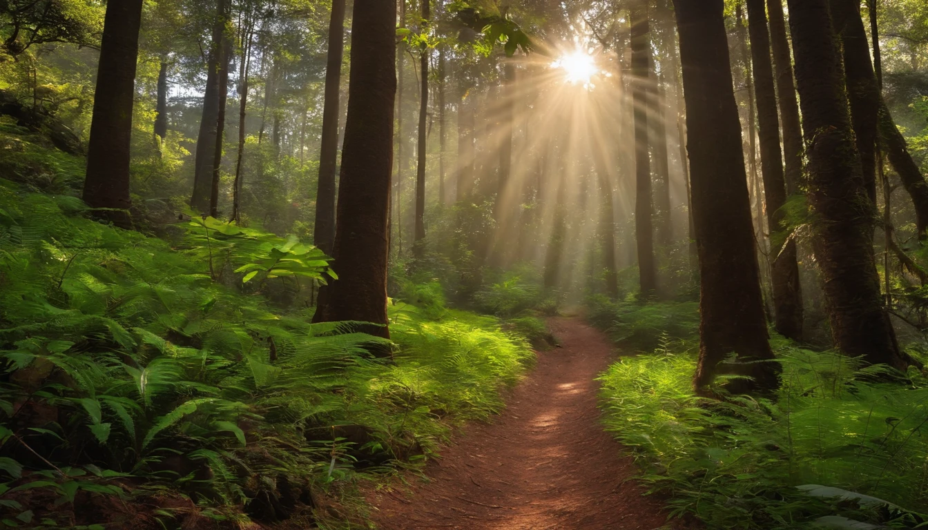 Agora, preciso de uma floresta, with a trail and rays of sunshine passing through the trees. It should bring a sense of peace. Um explorador com uma mochila de trilha e segurando um trekking stick, looking up with an expression on his face of peace and serenity.