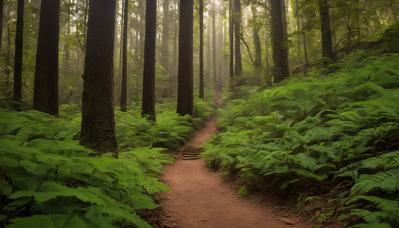 Agora, preciso de uma floresta, with a trail and rays of sunshine passing through the trees. It should bring a sense of peace. Um explorador com uma mochila de trilha e segurando um trekking stick, looking up with an expression on his face of peace and serenity.