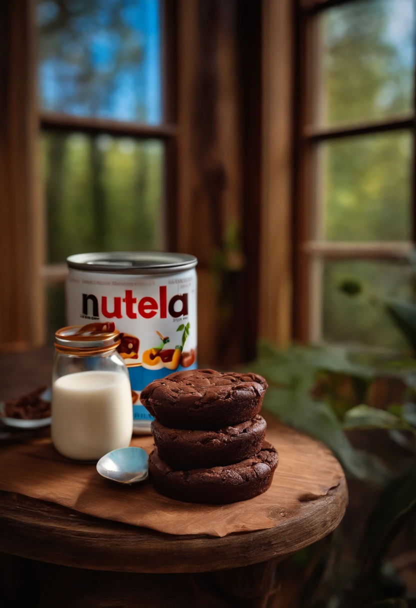um brownie, a jar of nutella and a can of milk powder nest on top of a wooden table
