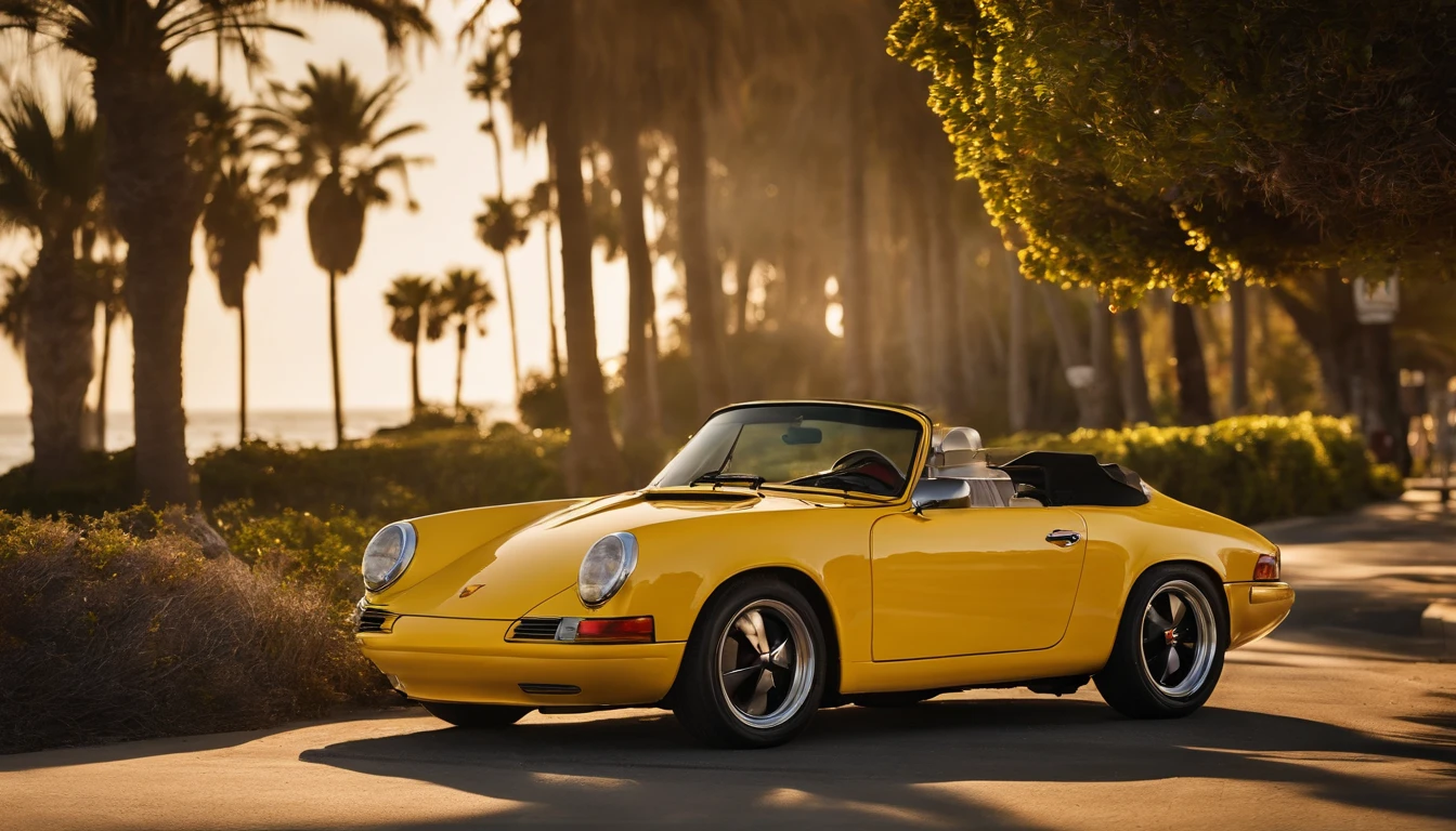 arafed yellow sports car parked on the side of the road near the ocean, vehicle photography, southern california, pch, long beach background, automotive photography, car photography, in a beachfront environment, top down perspective, roadster, the city of santa barbara, porsche gt 3 in hawaii city, inspired by Harry Haenigsen, golden hour in pismo california