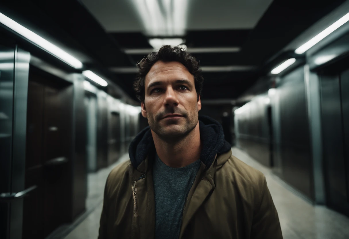 an 40 year old athletic man with dark hair, dark eyes, programmer, cold, hoodie, jacket, tie, shirt, in an elevator, short messy hair, wavy hair, tech company, new york city, Photojournalism, 35mm, Depth of Field, Materiality