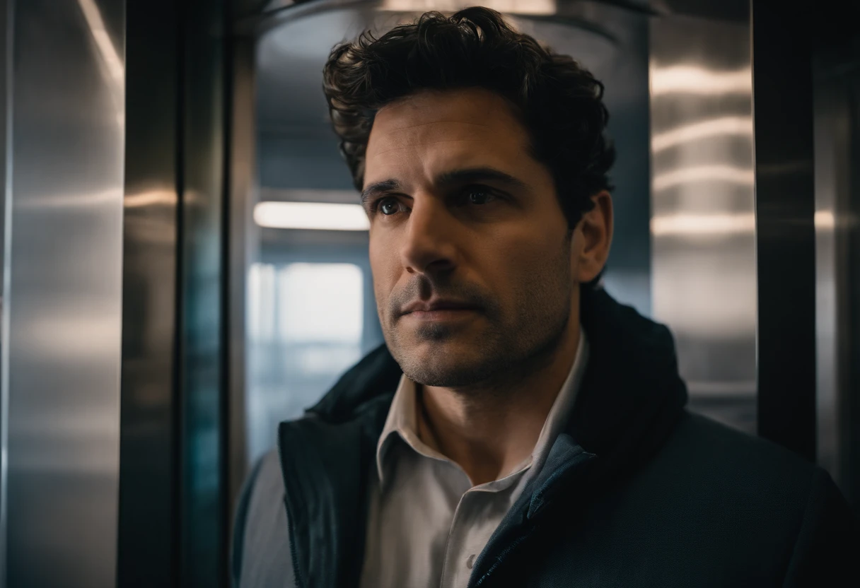 an 40 year old athletic man with dark hair, dark eyes, programmer, cold, hoodie, jacket, tie, shirt, in an elevator, short messy hair, wavy hair, tech company, new york city, Photojournalism, 35mm, Depth of Field, Materiality