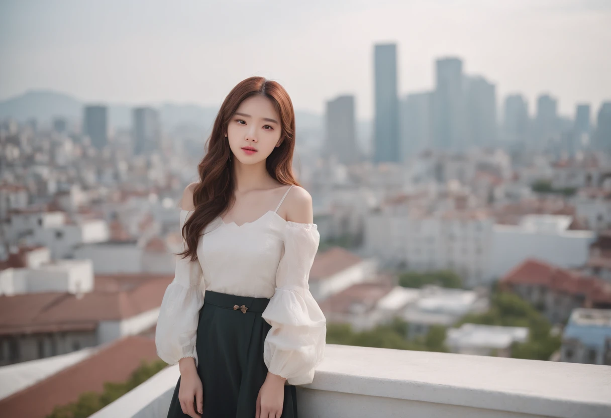 arafed woman standing on top of a building overlooking a city, ulzzang, korean girl, portrait of a japanese teen, dressed with long fluent clothes, 🤤 girl portrait, chiho, 奈良美智, portrait of jossi of blackpink, young asian girl, from 8 k matte, e-girl, e - girl