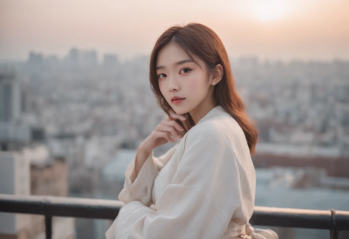 arafed woman standing on top of a building overlooking a city, ulzzang, korean girl, portrait of a japanese teen, dressed with long fluent clothes, 🤤 girl portrait, chiho, 奈良美智, portrait of jossi of blackpink, young asian girl, from 8 k matte, e-girl, e - girl